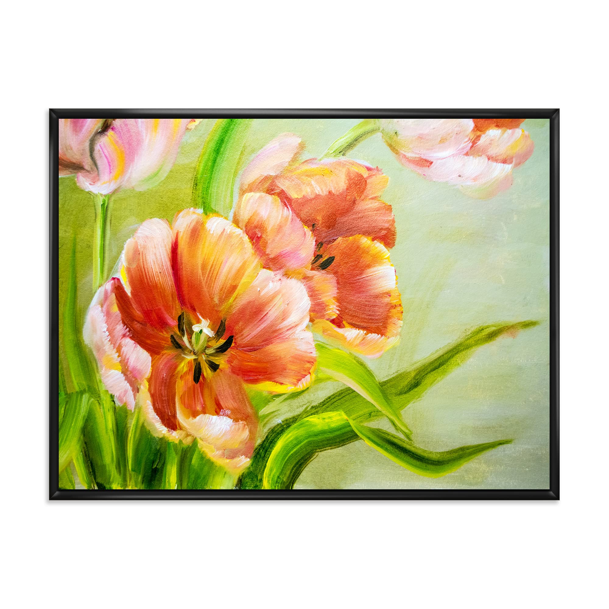 Vintage Red Tulips Flowers II - Traditional Framed Canvas Wall Art Print for Home Decor | Living Room, Bedroom & Office Wall Decor | Ready to Hang