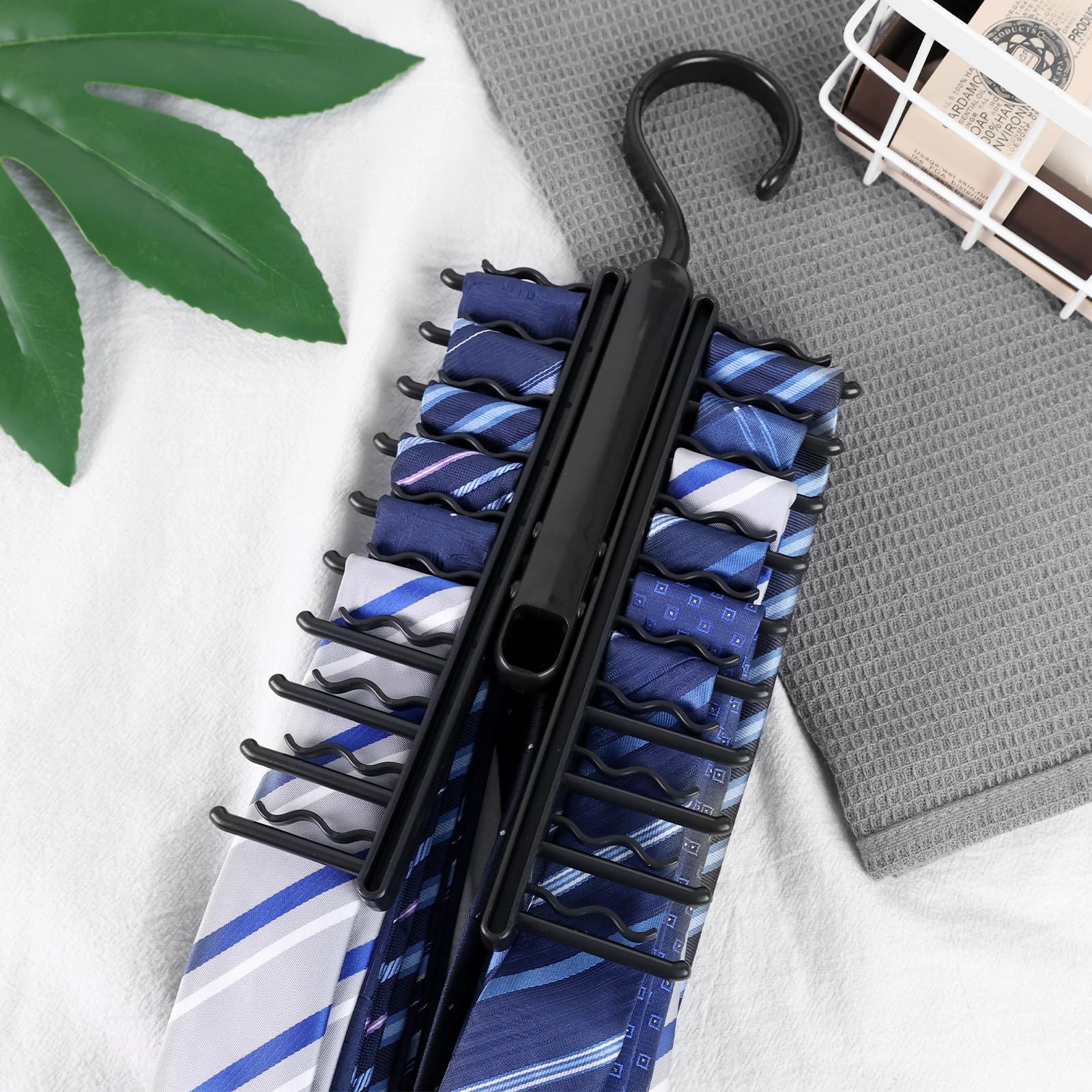 MCPINKY Black Tie Rack - 20 Hook Necktie & Belt Hanger Organizer - Space Saving Closet Storage Solution for Men's Accessories - Perfect for Home, Office, and Travel Organization