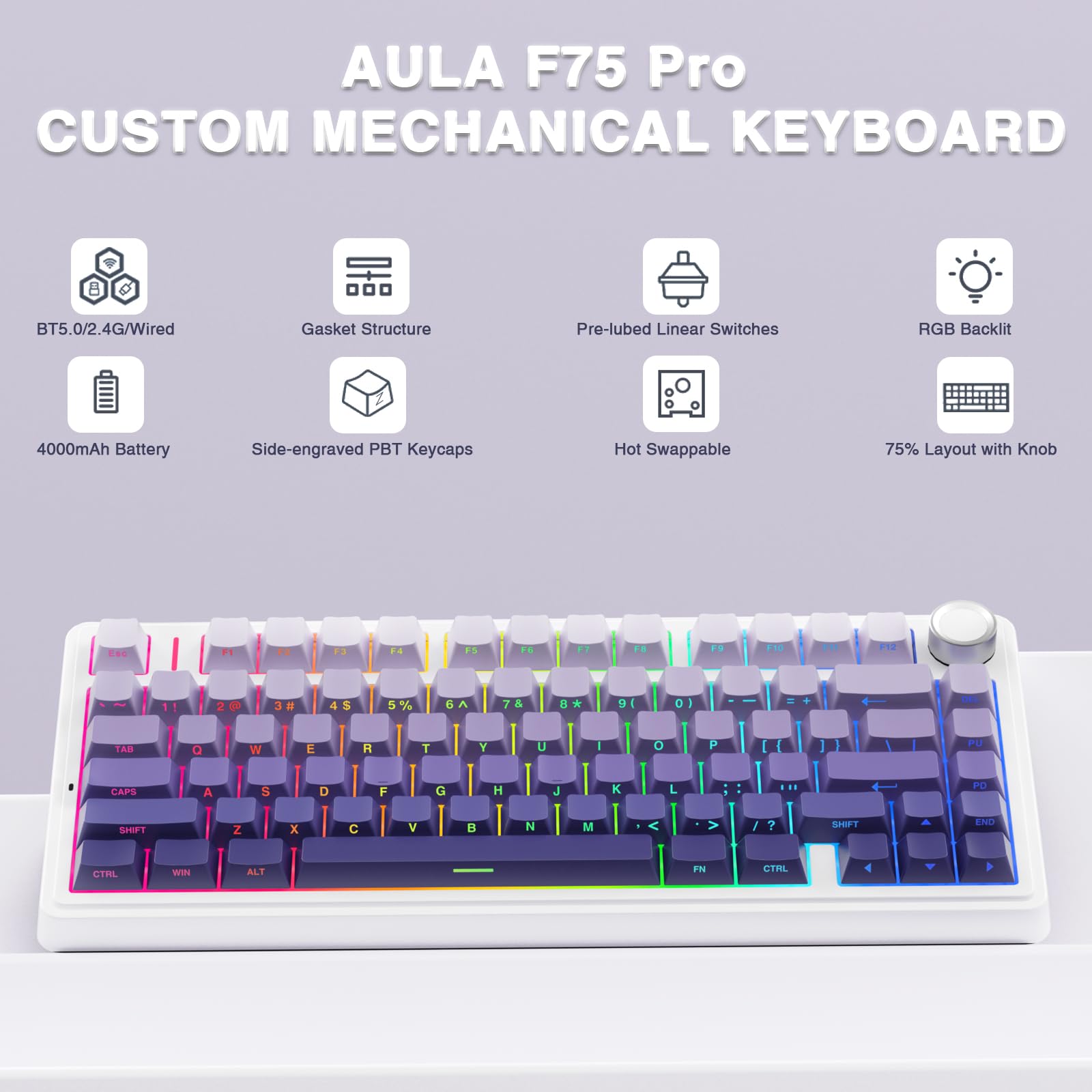 AULA F75 Wireless Mechanical Keyboard - RGB Gaming, Hot Swappable for PC/Mac