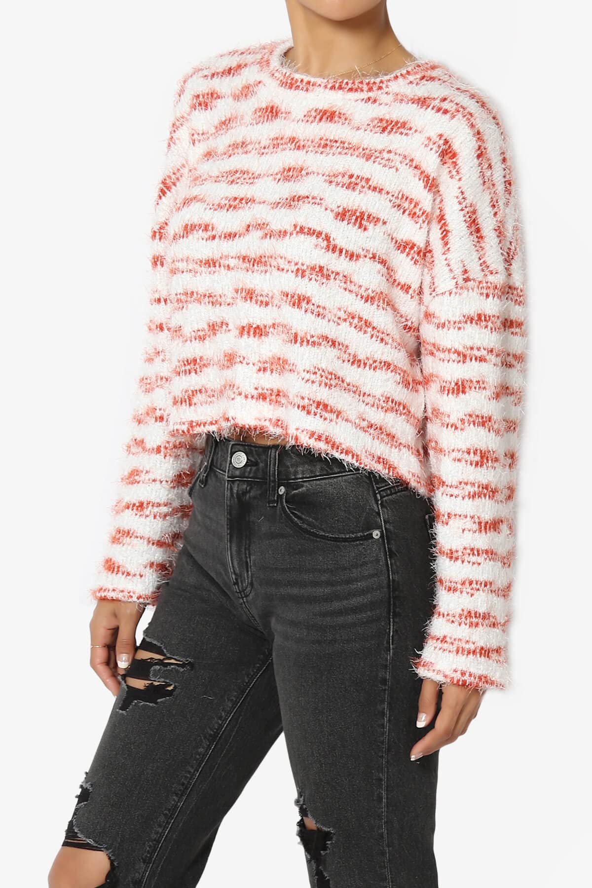 Cozy Fuzzy Stripe Boxy Crop Sweater Top - Soft Knit Long Sleeve Jumper for Women | Casual Winter Pullover for Outfits, Dates & Layering