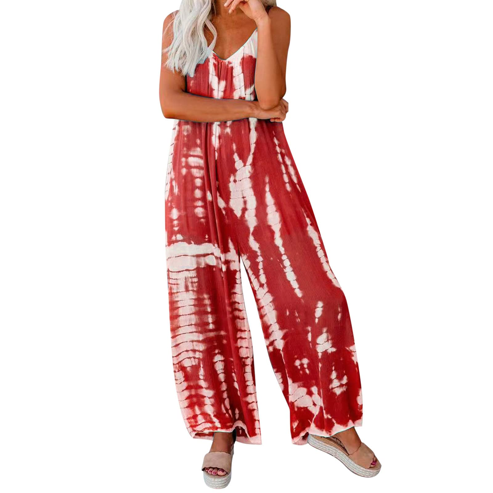 Women's Sleeveless Spaghetti Strap Wide Leg Jumpsuit - Ombre Color Casual Romper (Red, Large) | Summer Beach Wear, Vacation Outfit, Street Fashion