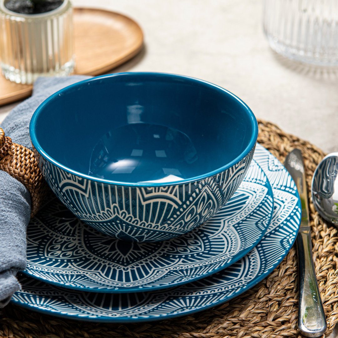 12-Piece Ceramic Dinnerware Set - Plates & Bowls with La La Mandala Blue Design for Everyday Dining, Parties & Home Decor
