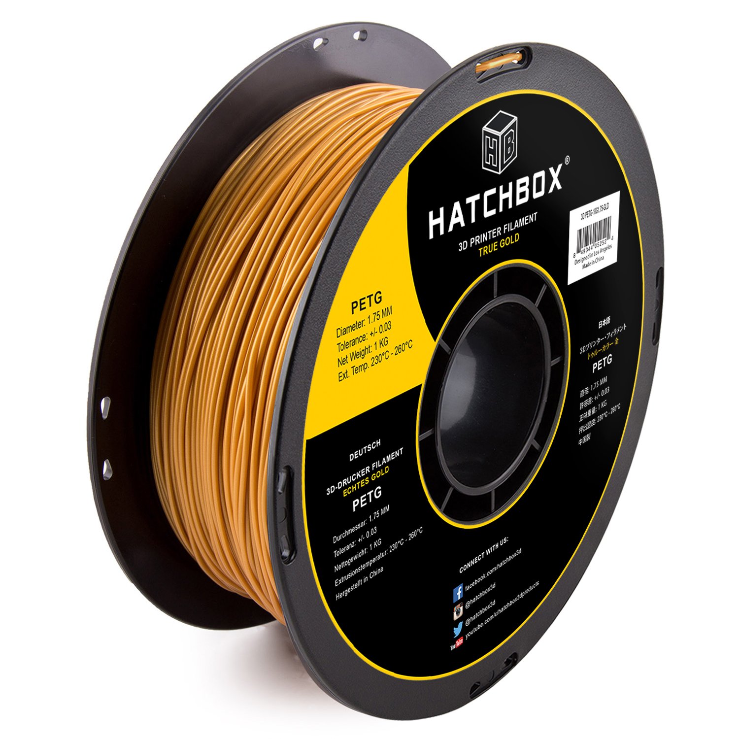 HATCHBOX PETG 3D Printer Filament - 1.75mm, 1kg Spool, Gold Color, High Precision +/-0.03mm for Smooth 3D Printing - Perfect for Cosplay Props, Functional Parts & DIY Projects