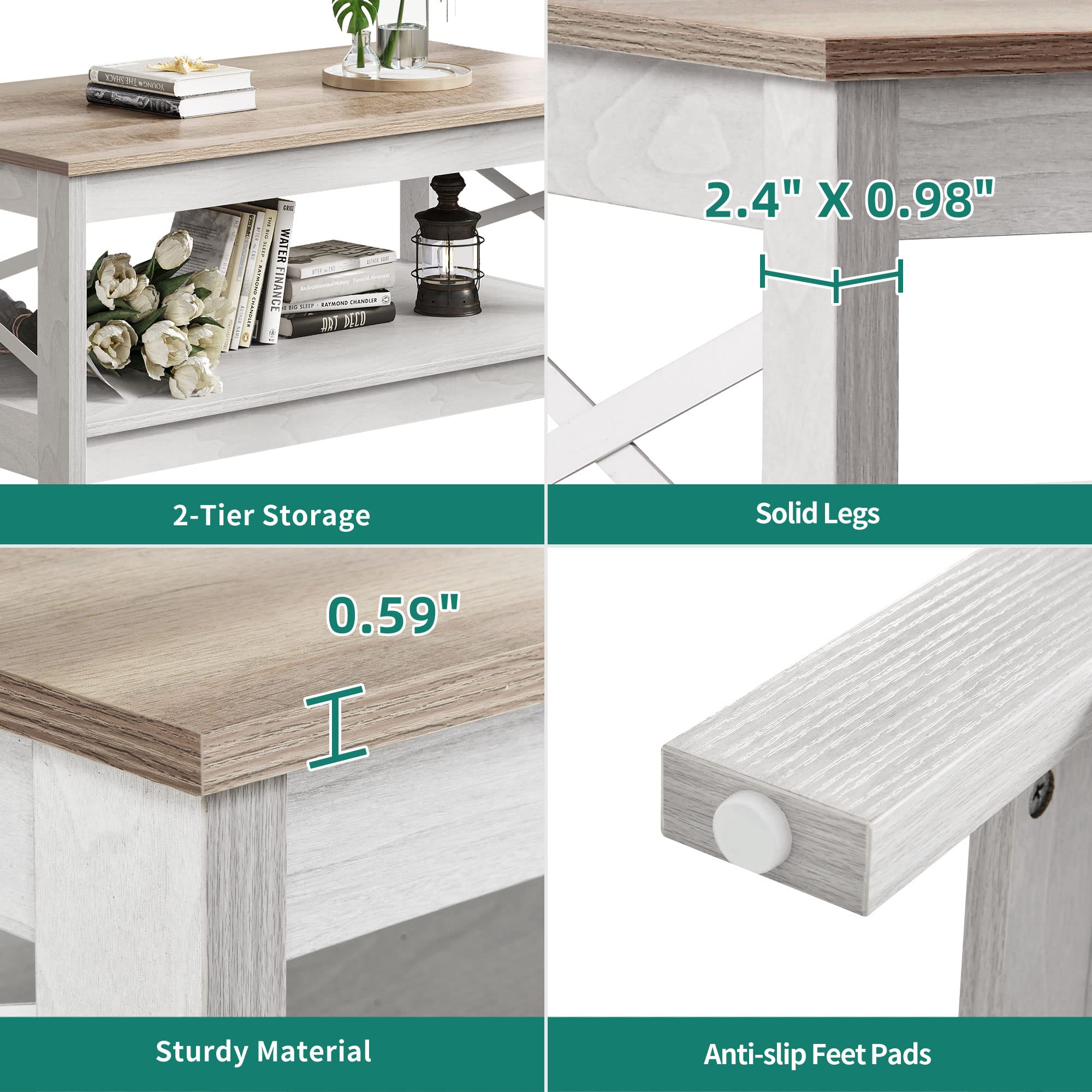 Modern Farmhouse Coffee Table with Storage - 2-Tier Wooden Living Room Center Table, Grey Wash, Sturdy Frame | Accent Cocktail Table for Living Room, Farmhouse Decor, Small Space Furniture