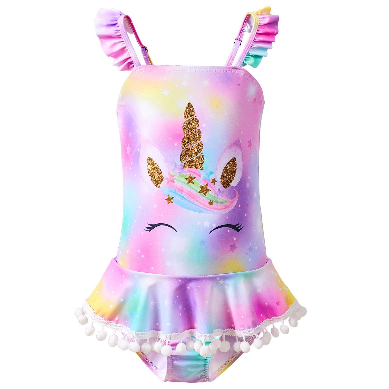 ICOSY Girls' Unicorn One Piece Swimsuits with Ruffles & Pompoms - Cute Bathing Suits for Toddler & Kids - Perfect for Beach, Pool & Summer Vacations
