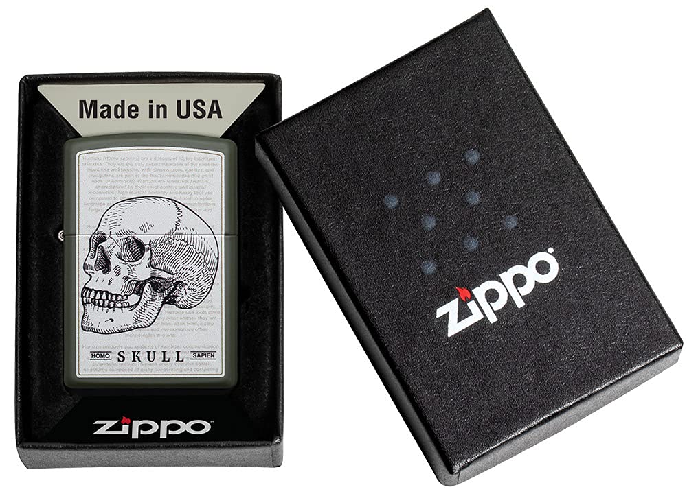 Zippo Green Matte Pocket Lighter with Literary Skull Design - Windproof Refillable Lighter for Outdoor Camping, Hiking & Everyday Carry (EDC)