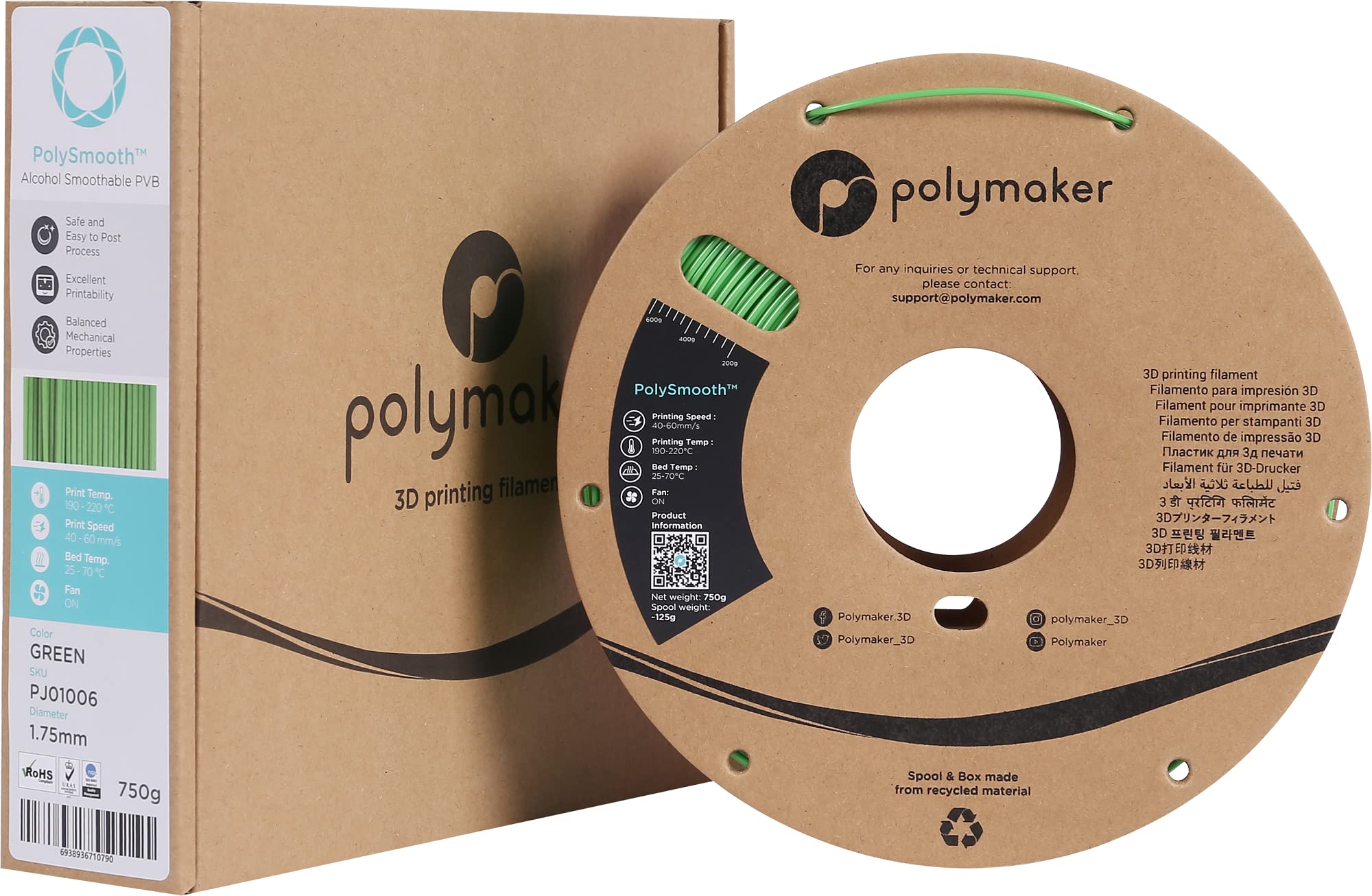 Polymaker PolySmooth PVB 3D Printer Filament 1.75mm - 750g Green Filament Spool | Easy Smoothing with IPA Alcohol | Compatible with Polysher | Perfect for Miniatures, Cosplay Props & Functional Prototypes