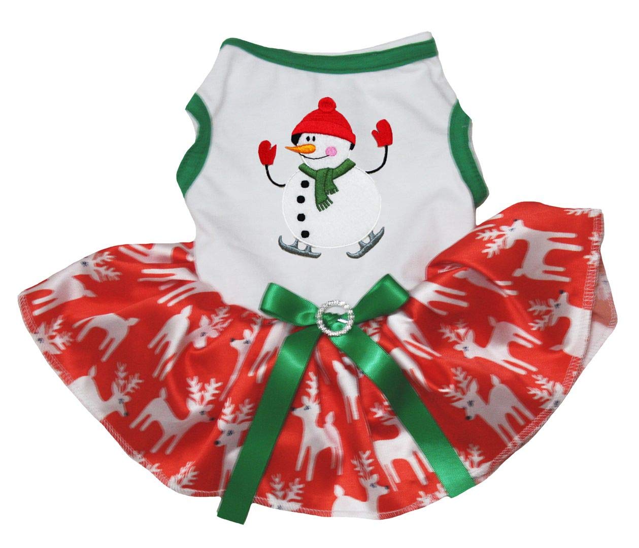 Petitebella Red Hat Snowman Puppy Dog Christmas Dress for Small Dogs - White & Red Deer Print XXX-Large - Holiday Party & Photo Outfit