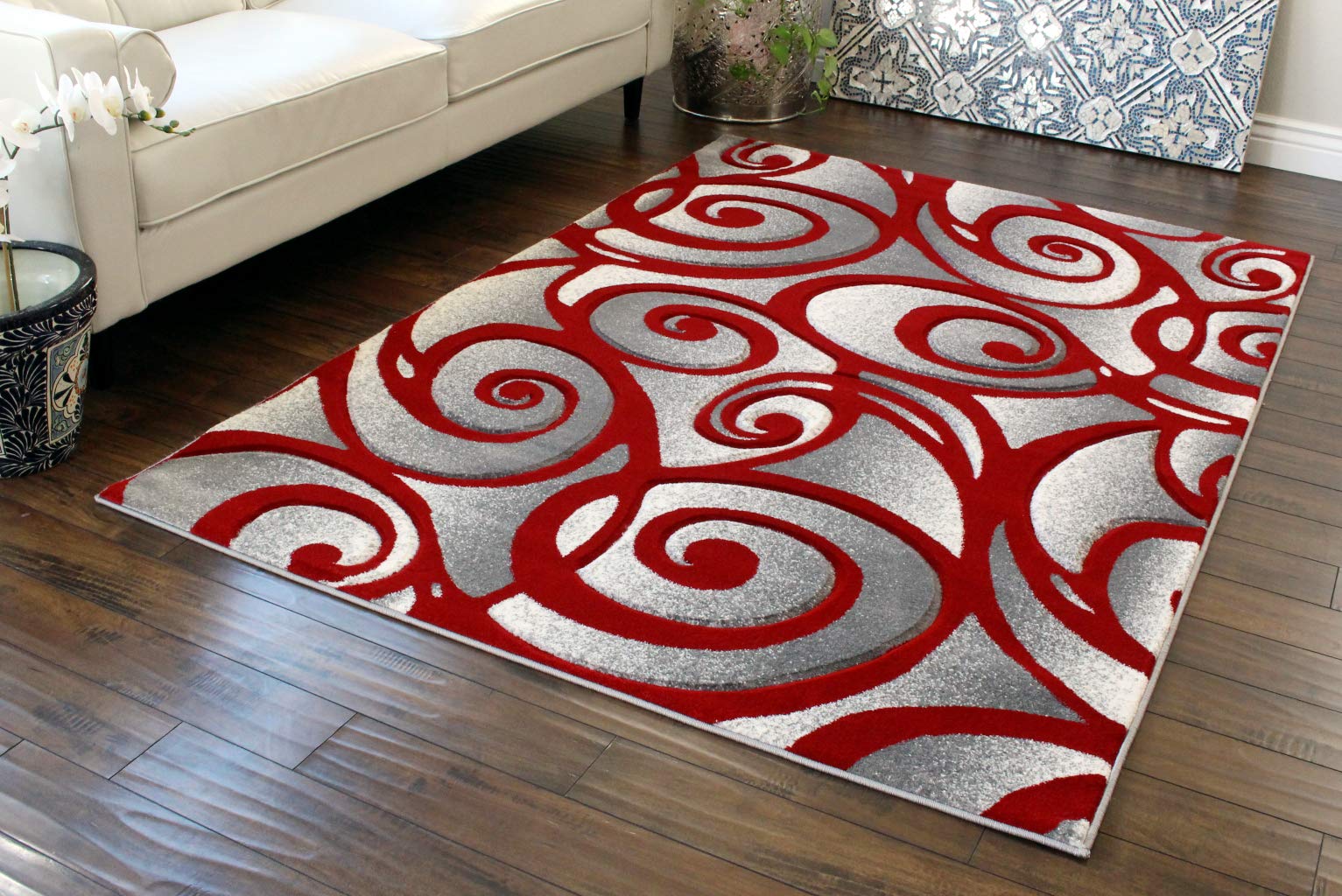 Masada Modern Woven Area Rug 5x7 Feet - Hand Carved Grey White Red Design for Living Room, Bedroom & Office - Soft Non-Slip Floor Covering