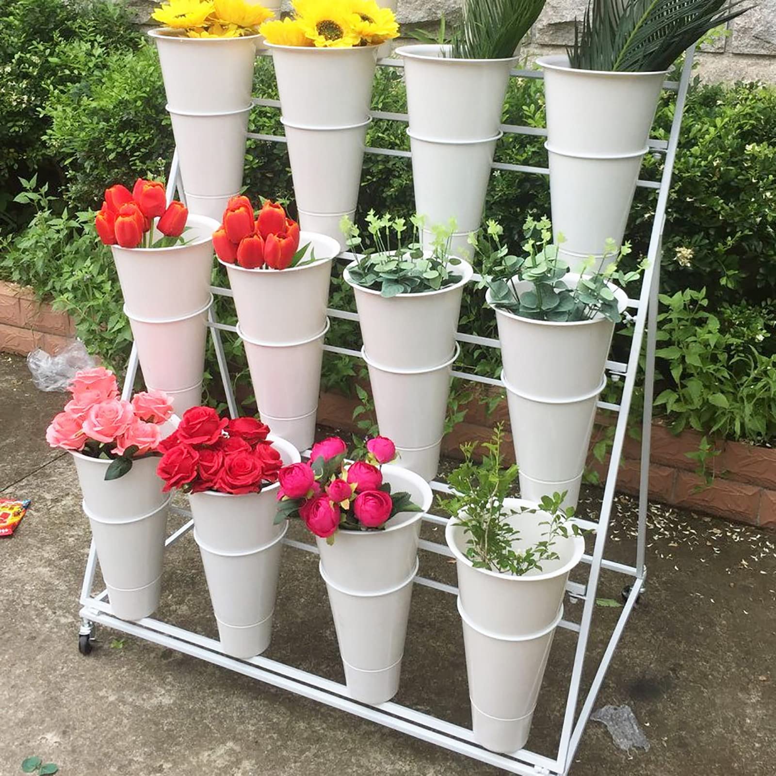 U&Q 3-Tier Metal Plant Stand with Wheels - Modern Indoor Outdoor Flower Display Shelf with Bucket - White 100x50x110cm (39x20x43in) - Perfect for Home, Patio, Balcony & Garden Decor