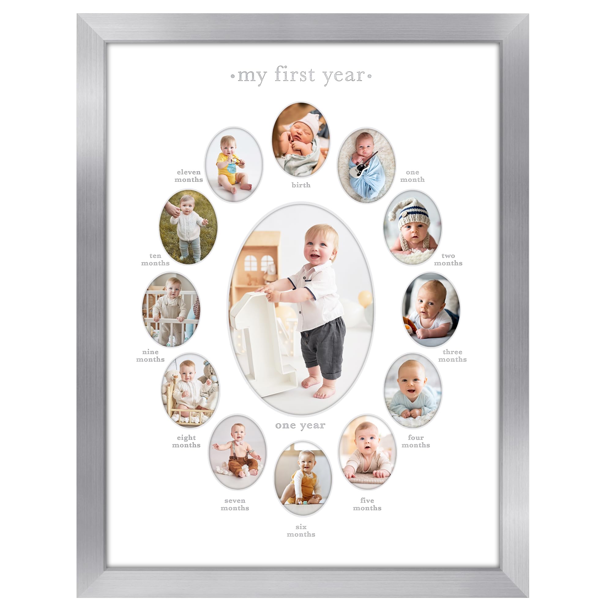Americanflat 12x16 Shatter-Resistant Glass First Year Photo Frame - Holds Twelve 2x3 & One 5x7 Pictures - Nursery Decor, Baby Shower Gift for New Moms (Silver) | Perfect for Displaying Baby's Milestones in Bedroom or Living Room