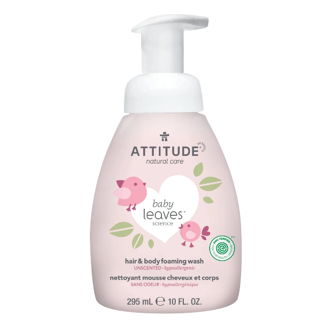 Attitude Baby Leaves 2-in-1 Hair & Body Foaming Wash - Fragrance Free, Hypoallergenic, Vegan & EWG Verified - 10 fl oz (295 ml) - Gentle Cleanser for Newborns & Sensitive Skin - Perfect for Bath Time & Daily Baby Care Routine