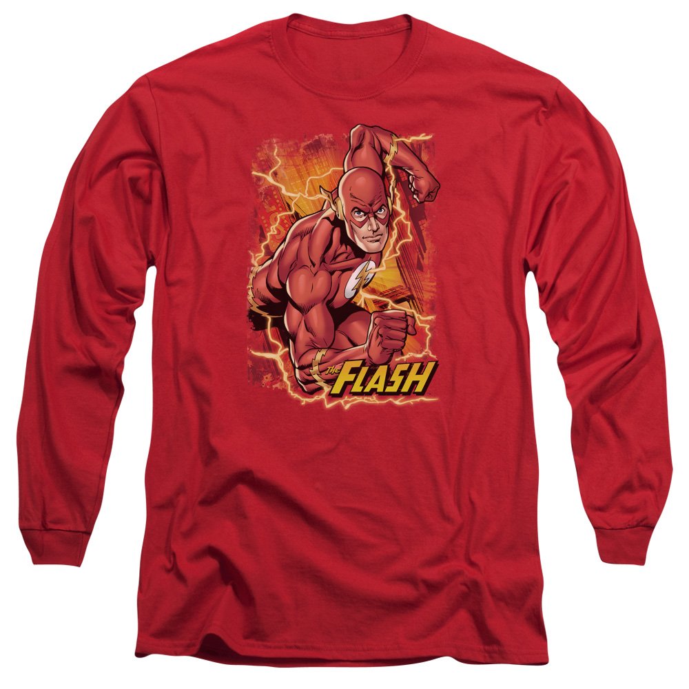 Trevco Justice League Flash Lightning Long Sleeve Graphic T-Shirt for Men, Red Superhero Costume Tee - Size XL | Perfect for Cosplay, Comic Con & Superhero Fans