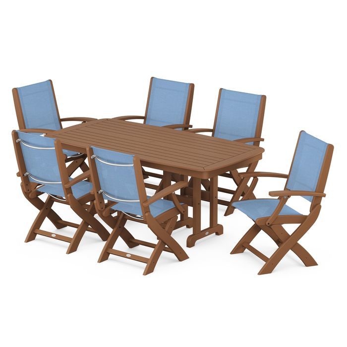 POLYWOOD Coastal Folding Arm Chair 7-Piece Outdoor Dining Set - Perfect for Patio, Deck, Poolside & Beachfront Entertaining