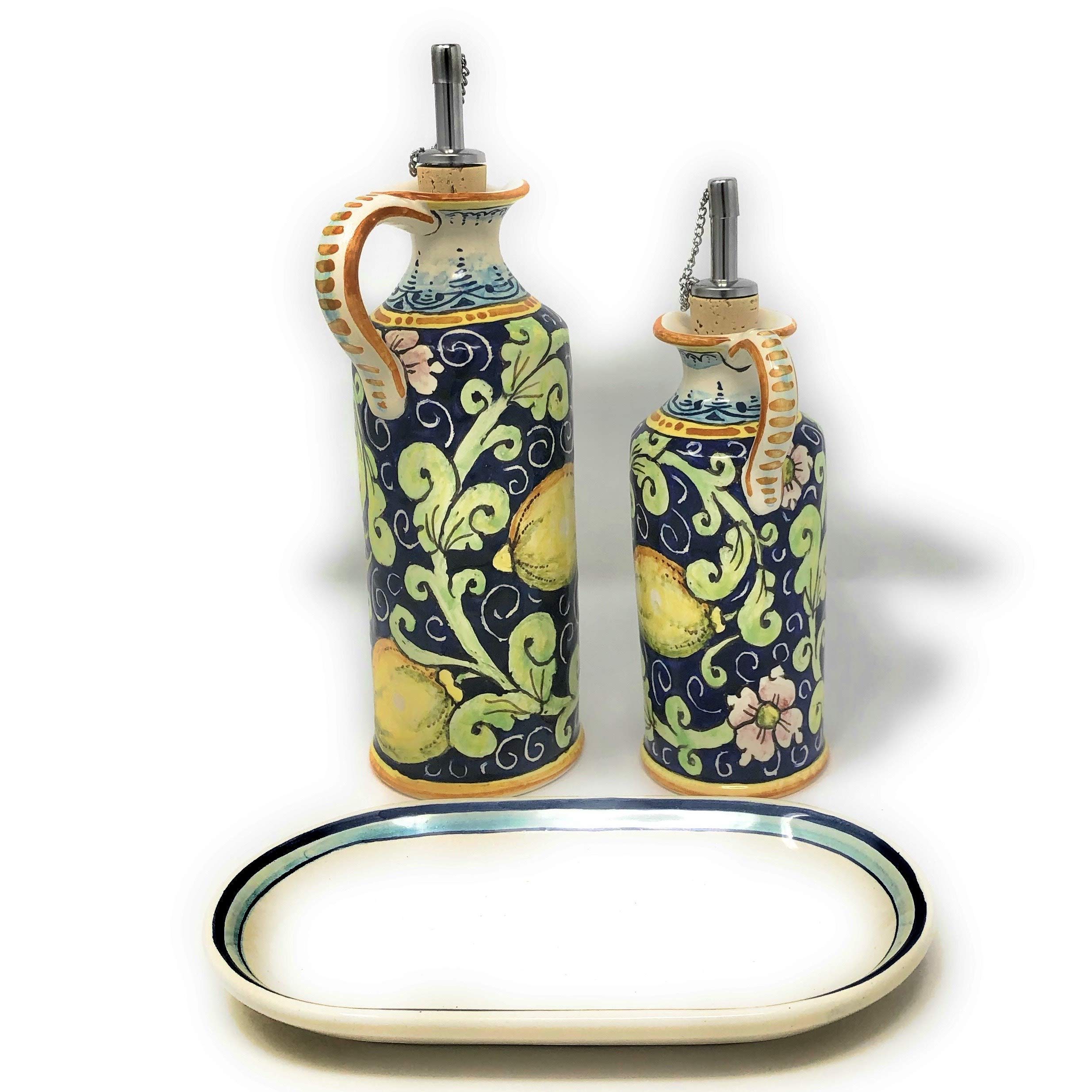 Italian Hand Painted Tuscan Ceramic Oil Cruet & Vinegar Bottle Set - Artisanal Lemon Decor Pottery from Italy | Perfect for Kitchen Decor, Olive Oil Dispenser & Gourmet Dining