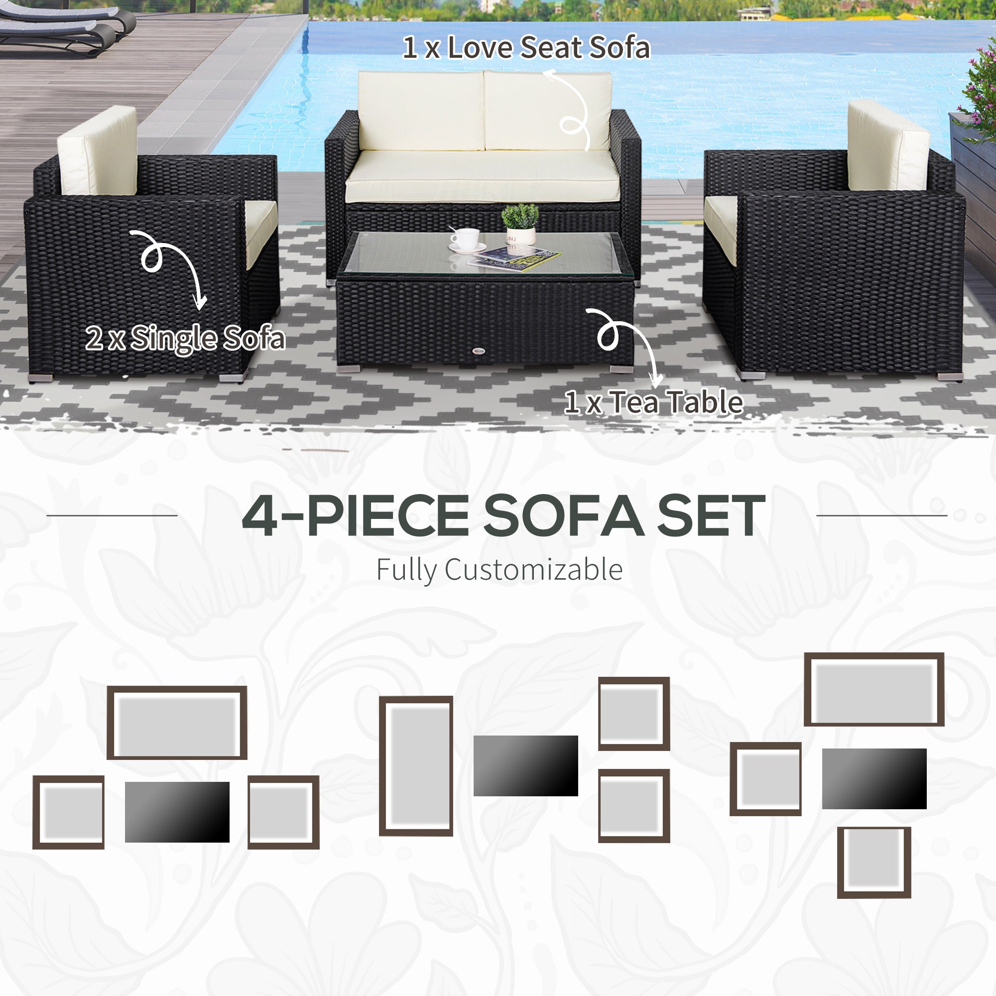 Outsunny 4-Piece Cream White Rattan Wicker Patio Furniture Set with Cushions - Outdoor Sectional Sofa & Coffee Table Set for Garden, Poolside, and Backyard Relaxation
