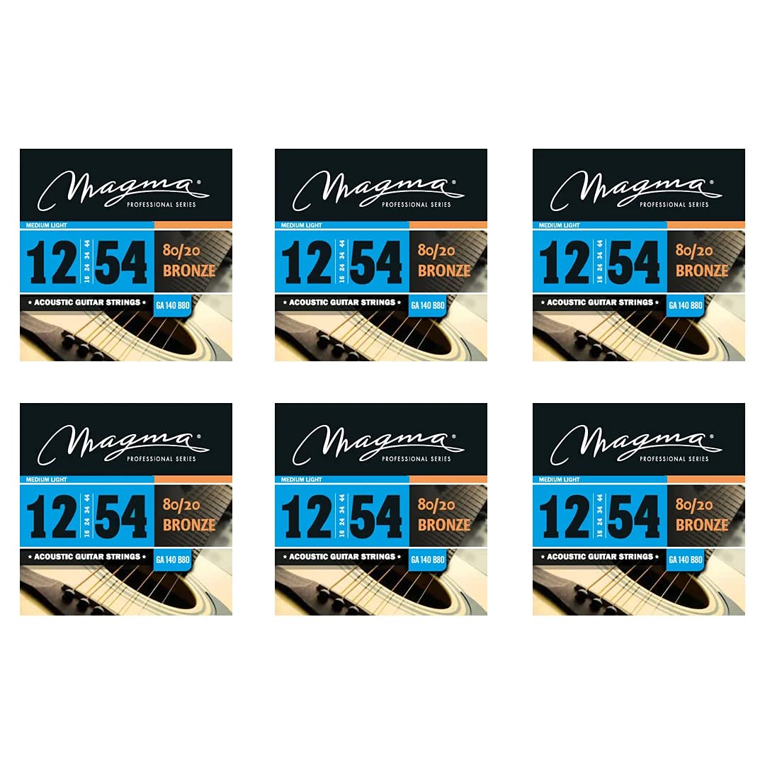 Magma Acoustic Guitar Strings Medium Light Gauge 80/20 Bronze Set .012-.054 (GA140B80) - 6 Pack for Folk, Country & Fingerstyle Playing
