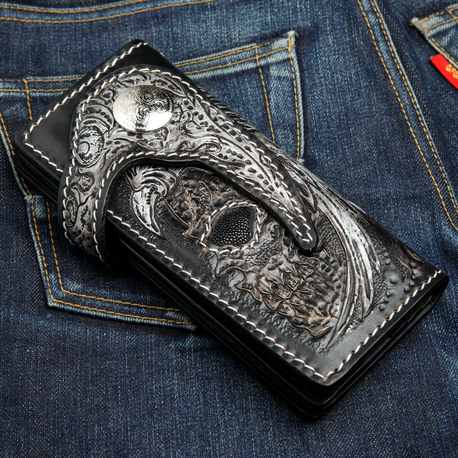 Genuine Leather Biker Wallet with Harley Indian Skull Design - Long Chain Motorcycle Wallet for Men - Perfect for Biker Rides, Motorcycle Shows & Everyday Use