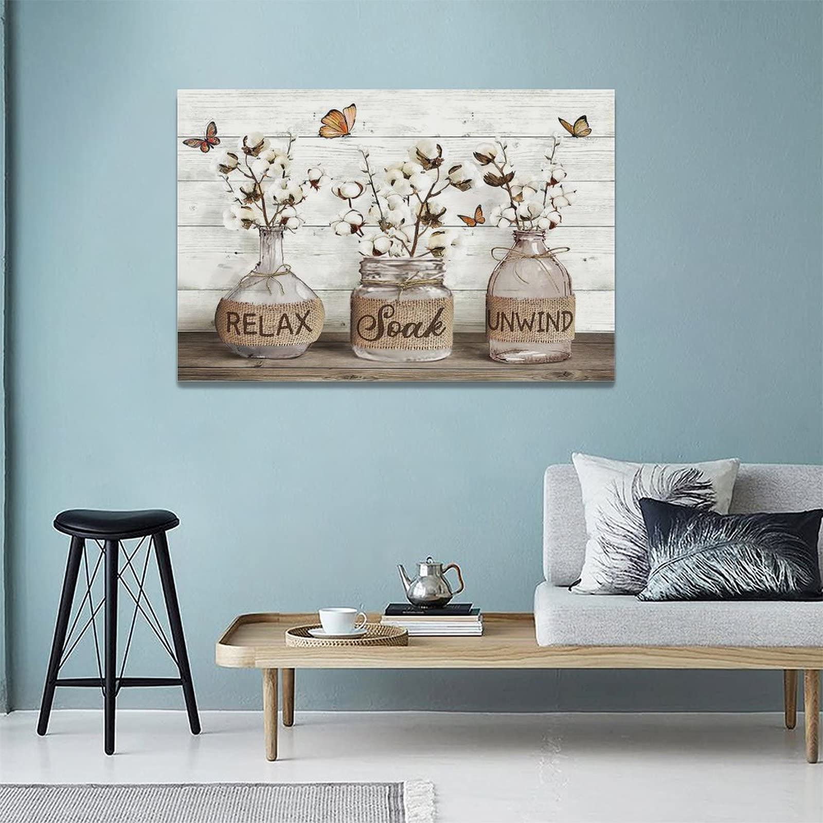 Farmhouse Bathroom Wall Art - Rustic Cotton Canvas Print with Floral Butterfly Painting, Framed Country Decor Sign (16x24 inches) - Perfect for Relaxing Soak & Bathroom Decor