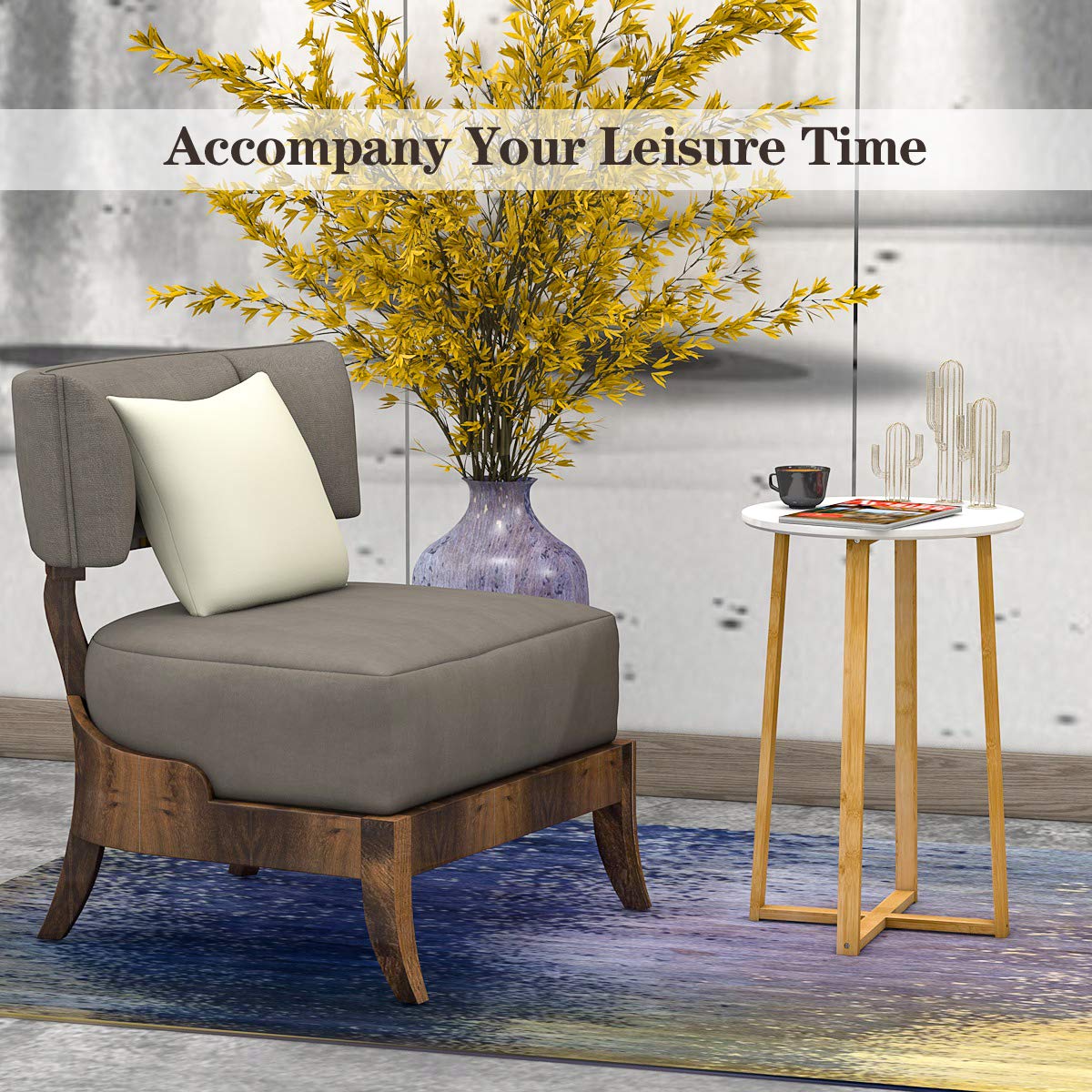 Modern Round Side Table - 15.6x23.5 Inch Bamboo End Table for Living Room, Bedroom | Sturdy Coffee Table for Sofa, Couch & Nightstand Use | Perfect for Small Spaces, Reading Nook & Home Decor