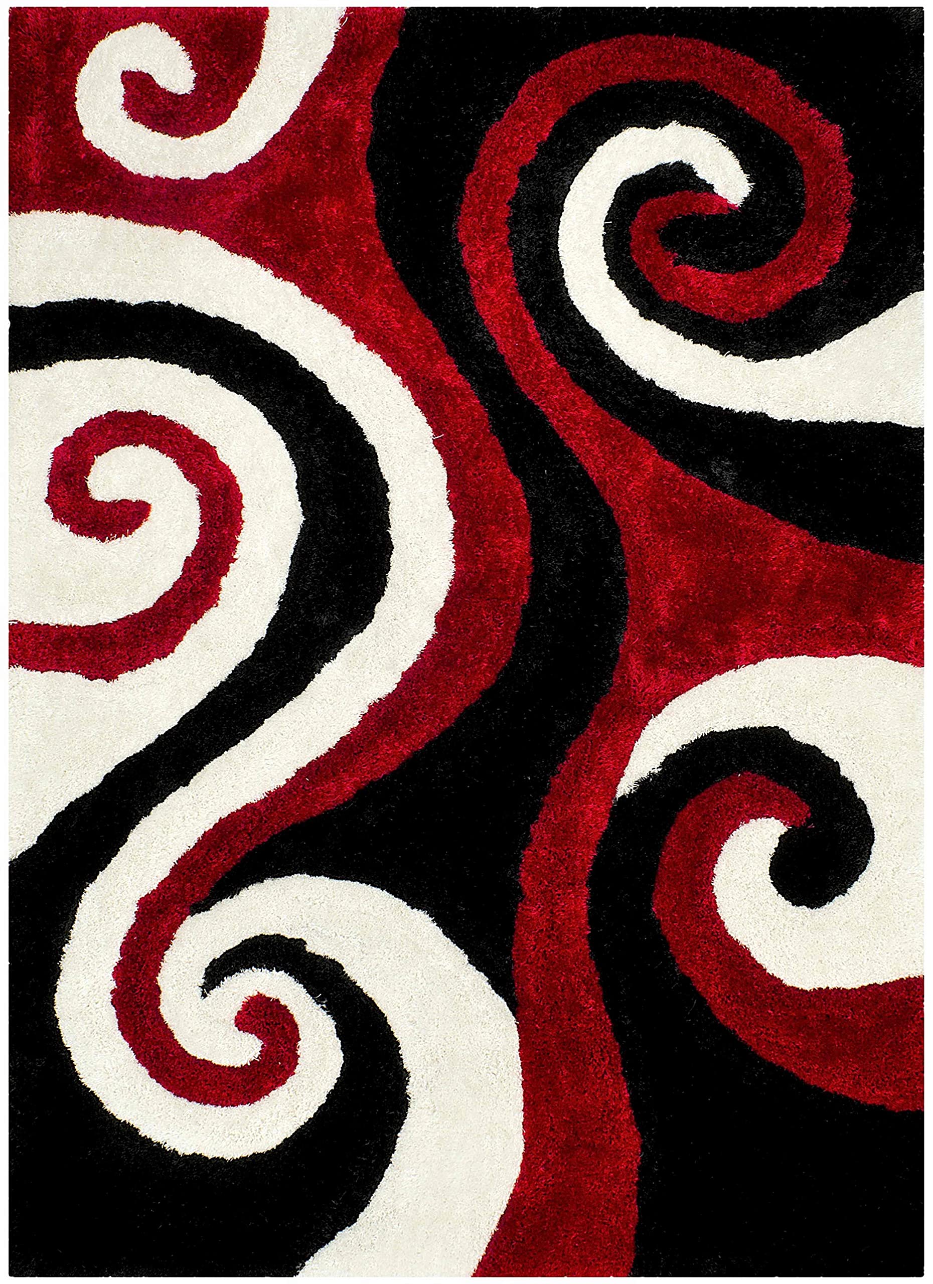 5x7 Lava Shag Rug - Modern Swirls Pattern Hand Carved Shaggy Rug in Red/Black/Cream - Soft Plush Living Room Carpet for Home Decor | Perfect for Bedroom, Nursery & Cozy Spaces