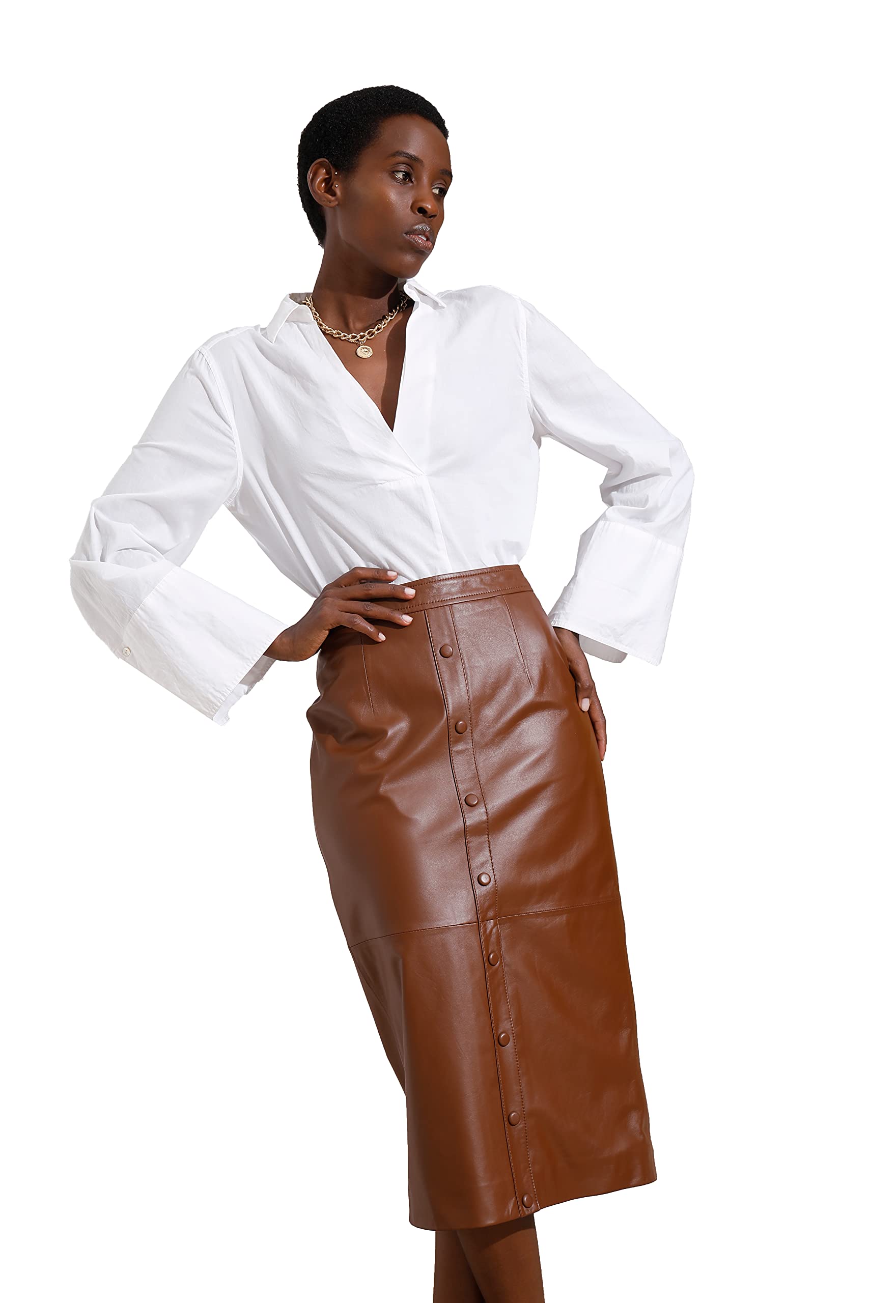 Stylish Women's Leather Midi Pencil Skirt with High Slit - SmartUniverseWear | Perfect for Office, Date Night & Evening Events