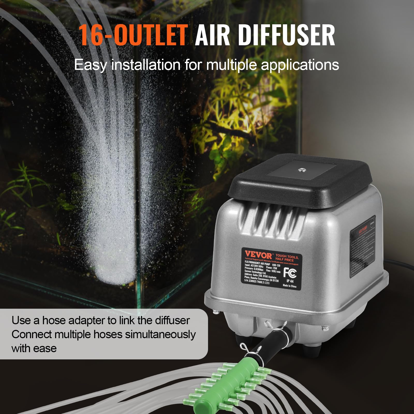 VEVOR Linear Air Pump 109L/Min High Flow Septic Aerator Pump - Aeration System for 1/2 Acre Ponds (10ft Deep), Water Gardens, Waste Treatment, Septic Tanks, Aquariums & Fish Farms - Ideal for Backyard Ponds, Commercial Aquaculture & Seafood Restaurants