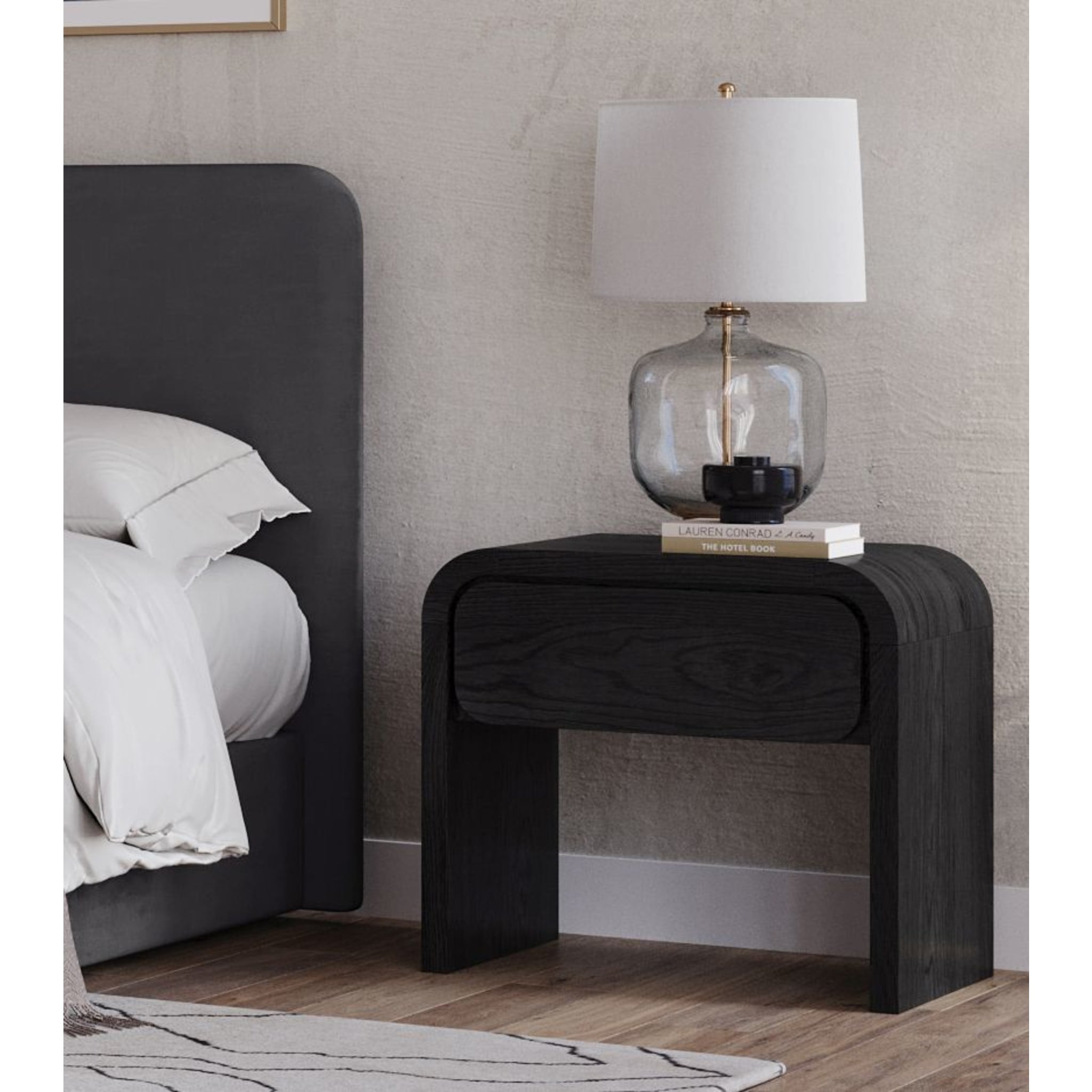 Elora One Drawer Nightstand in Jet Black Ash - Modern Bedside Table with Storage for Bedroom, Living Room & Office - Compact Night Stand with Smooth Gliding Drawer