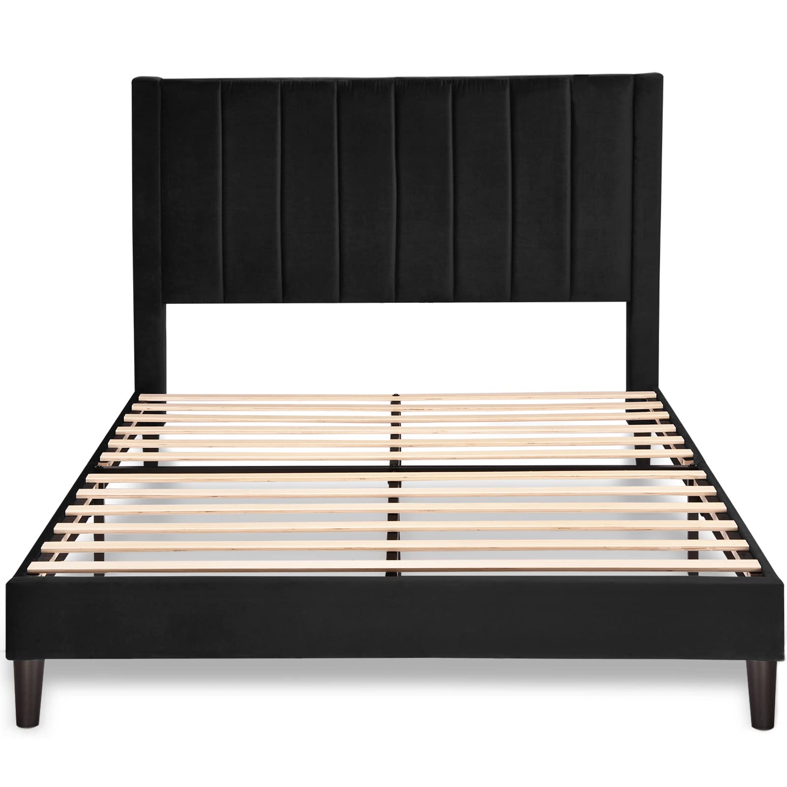 **Allewie Full Size Platform Bed Frame - Velvet Upholstered with Vertical Channel Tufted Headboard, Sturdy Wooden Slats & Mattress Foundation | Box Spring Optional | Easy Assembly | Black | Perfect for Modern Bedrooms & Guest Rooms**
