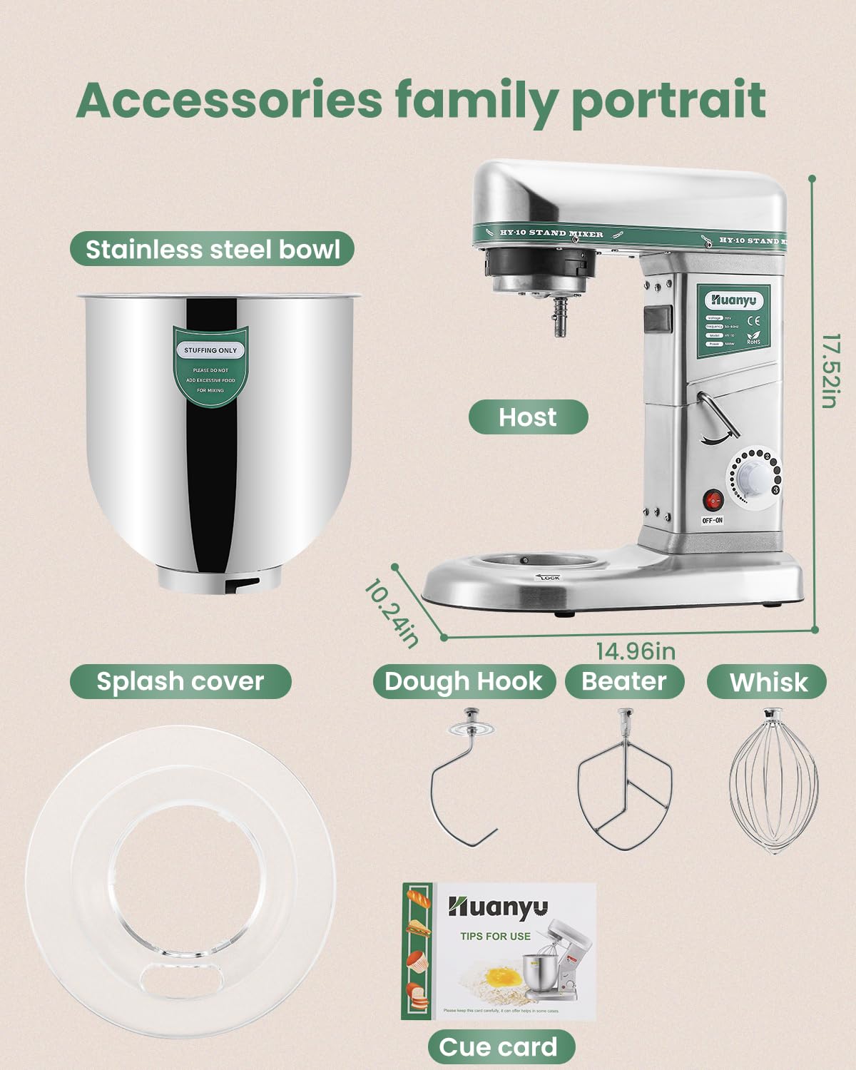 Huanyu 10QT 500W Commercial Stand Mixer - Heavy Duty Electric Dough Blender with Stainless Steel Bowl, Dough Hook, Flat Beater & Whisk - 3-in-1 Multifunctional Food Mixing Machine for Baking, Cooking & Pastry Making (110V) - Perfect for Bakeries, Restaurants & Home Kitchens