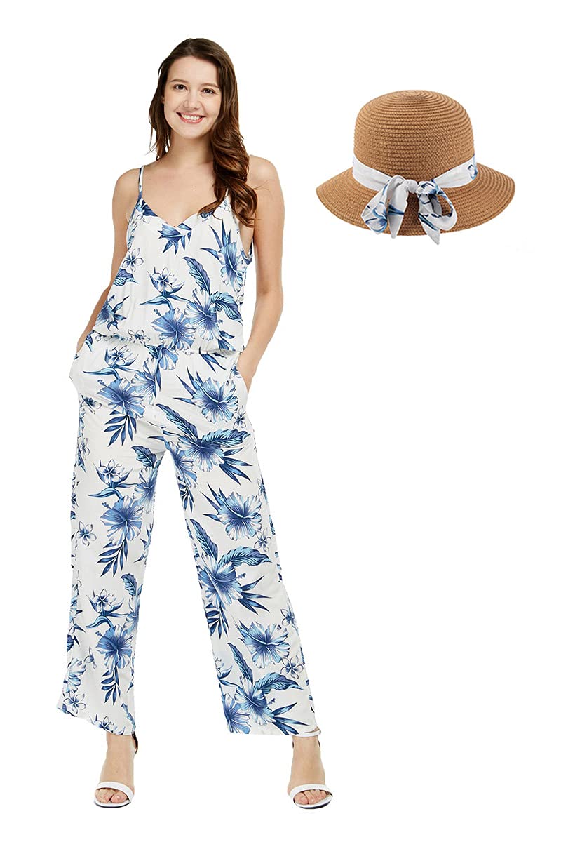 Women's Hawaiian Strap V-Neck Jumpsuit with Pockets - Simply Blue Leaves Print | Beach Vacation Outfit, Summer Party Dress, Casual Boho Romper