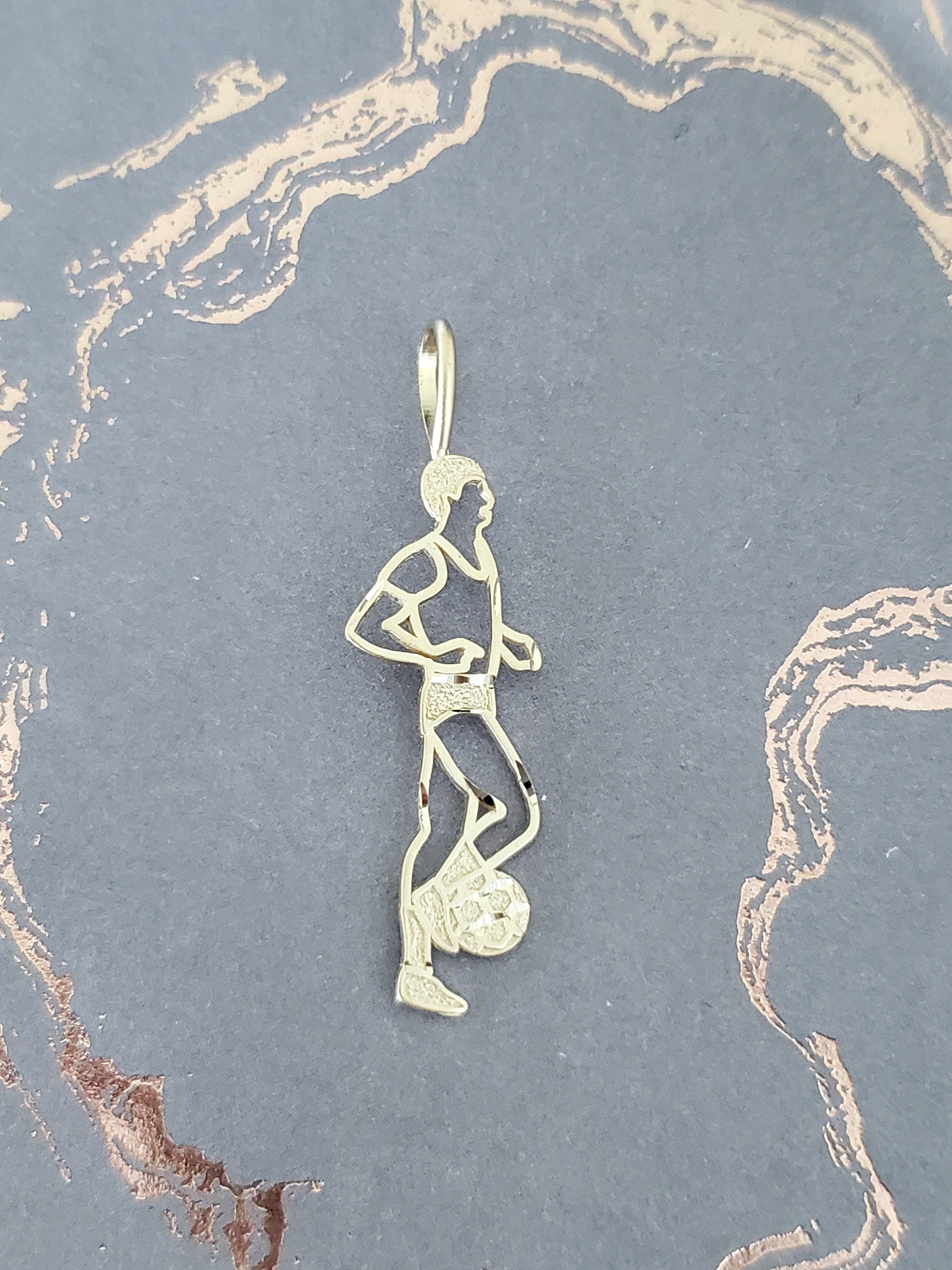 14K Yellow Gold Soccer Player Charm Pendant - Handmade Stencil Cutout Jewelry for Necklace, Bracelet & Gift for Sports Lovers