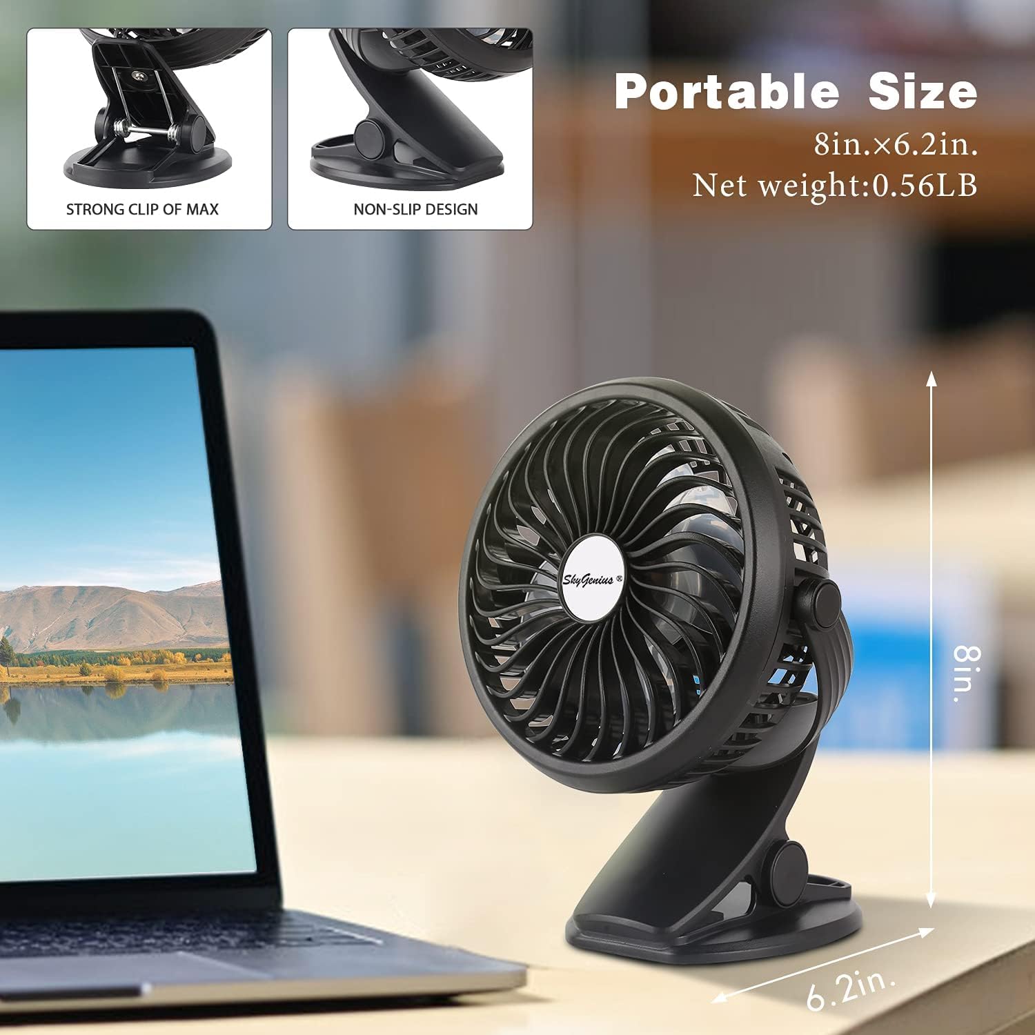 SkyGenius USB Clip on Mini Desk Fan - Portable Personal Fan for Office, Home & Travel - Quiet Cooling Fan with Adjustable Tilt - Black
