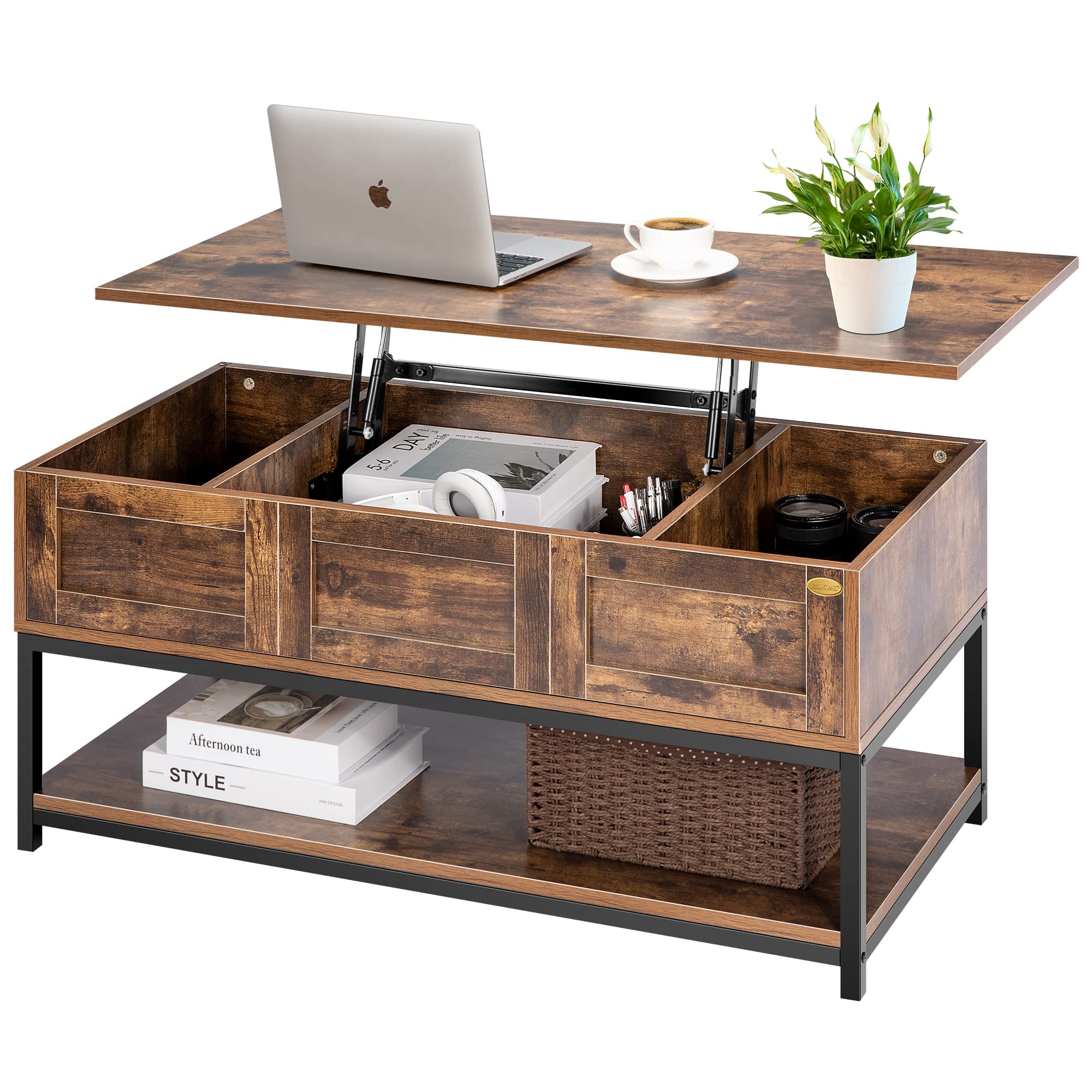 VIVOHOME Lift Top Coffee Table with Steel Frame, Convertible Dining Table with Open Storage & Hidden Compartment - Rustic Brown - Perfect for Living Room, Office, Small Apartment & Studio Spaces
