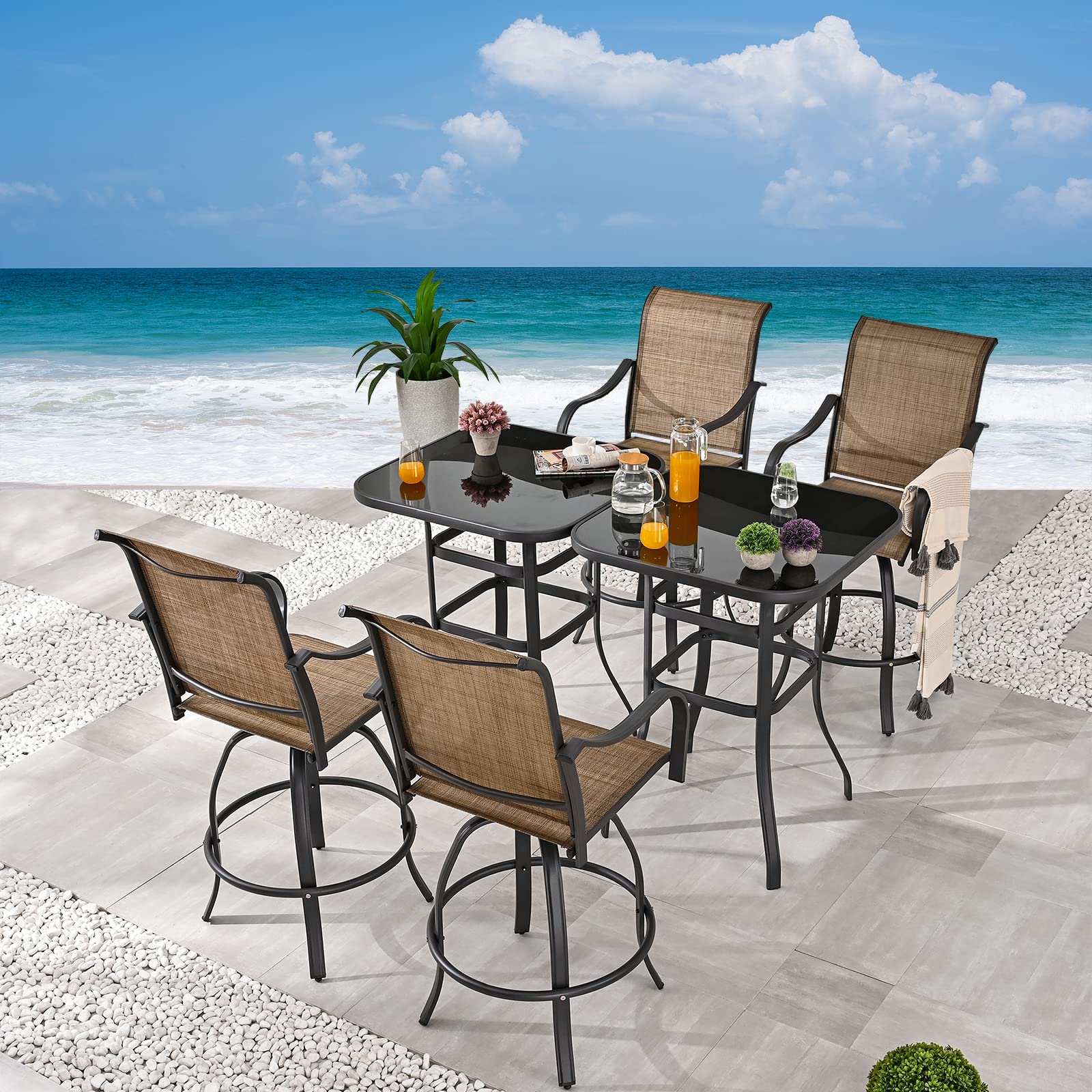 6-Piece Patio Dining Set with Swivel Bar Stools & Tempered Glass Table - Outdoor Metal Bistro Furniture for Yard, Garden, or Balcony (Brown) - Perfect for Entertaining, BBQs, and Relaxing Outdoors