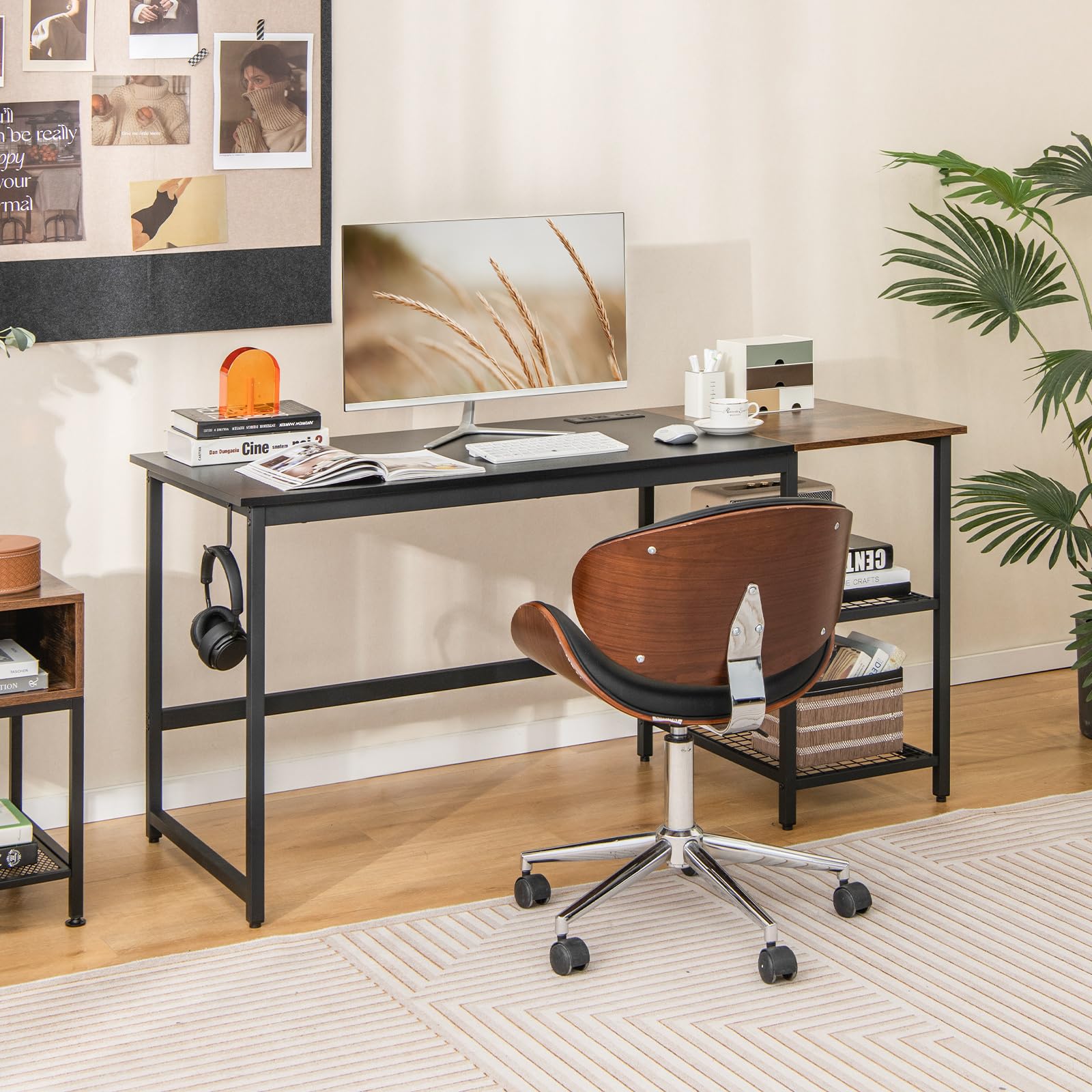 Tangkula 59 Inch Modern Industrial Computer Desk with Charging Station, 2-Tier Storage Shelves & Hook, Sturdy Metal Frame PC Laptop Workstation for Home Office, Study, and Gaming Setup