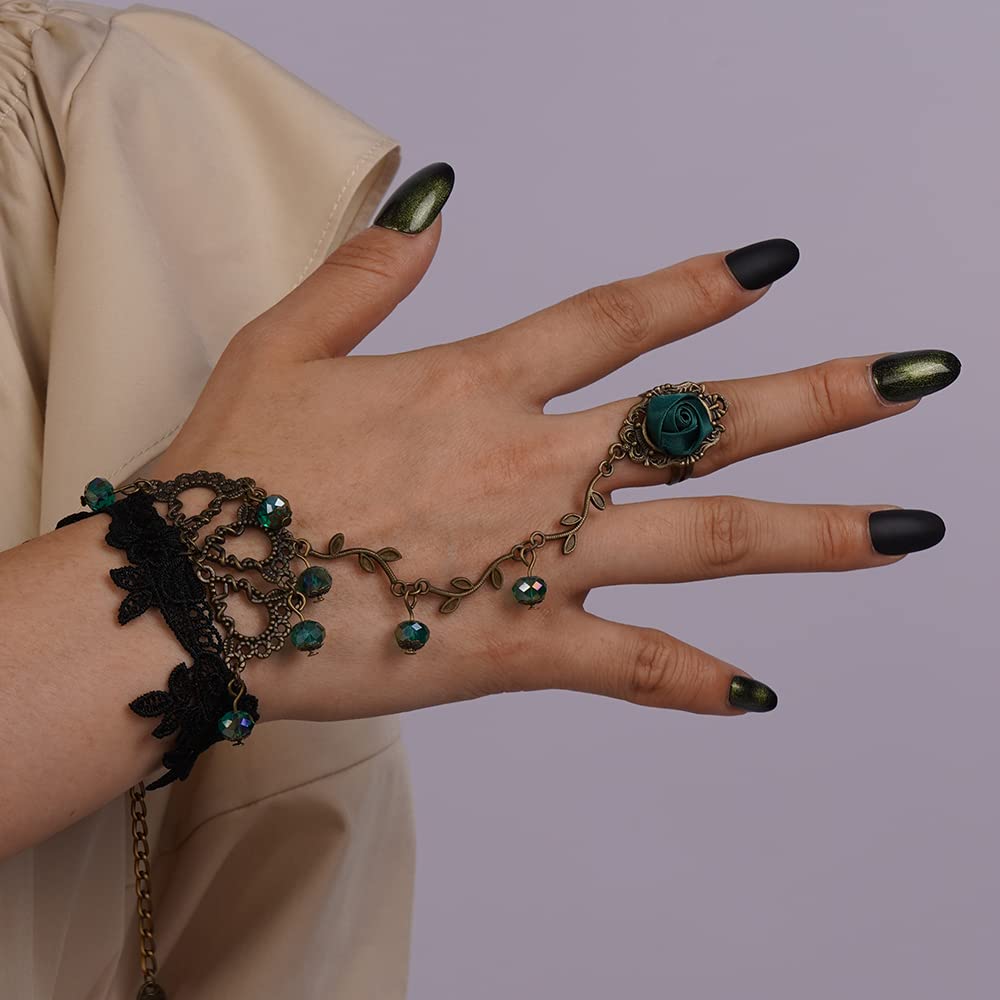 Gothic Black Lace Bracelet with Green Rose Crystal & Retro Leaf Chain - Halloween Slave Bracelet for Women (Black/Green/Rose, 10