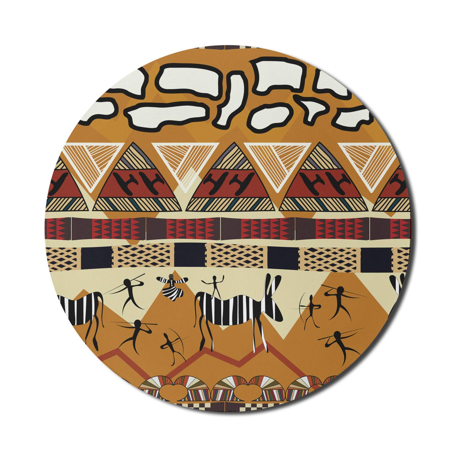 Ambesonne Ethnic Mouse Pad - Hunting Zebra & Prehistoric Tribe Life Design, Non-Slip Thick Rubber Gaming Mousepad, 8 Inch Round (Ruby Mustard) - Perfect for Office, Home & Gaming PC Setup