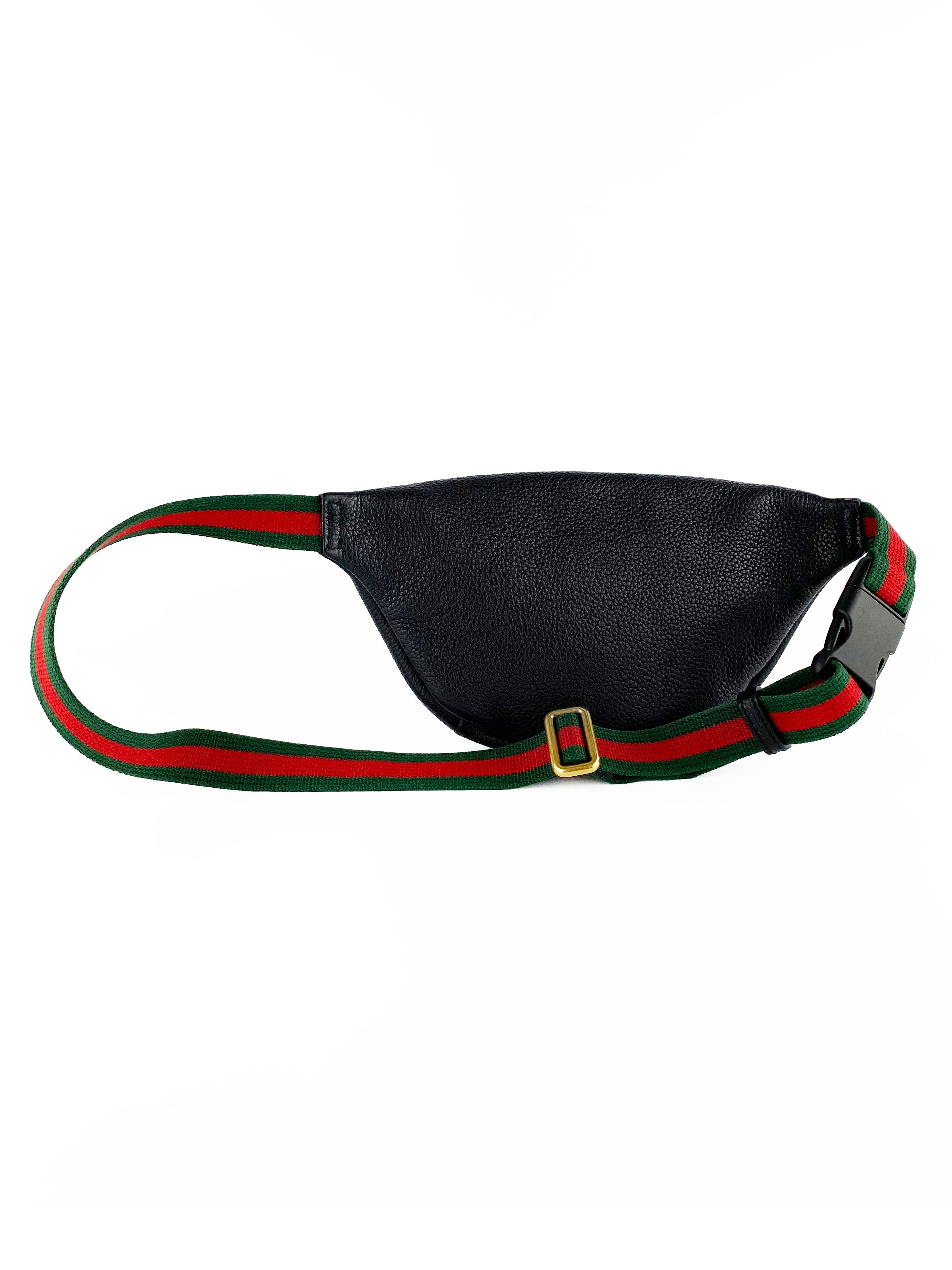 Gucci Black Leather Belt Bag with Signature Print - Stylish Waist Pack for Men & Women, Perfect for Travel, Concerts, and Everyday Fashion