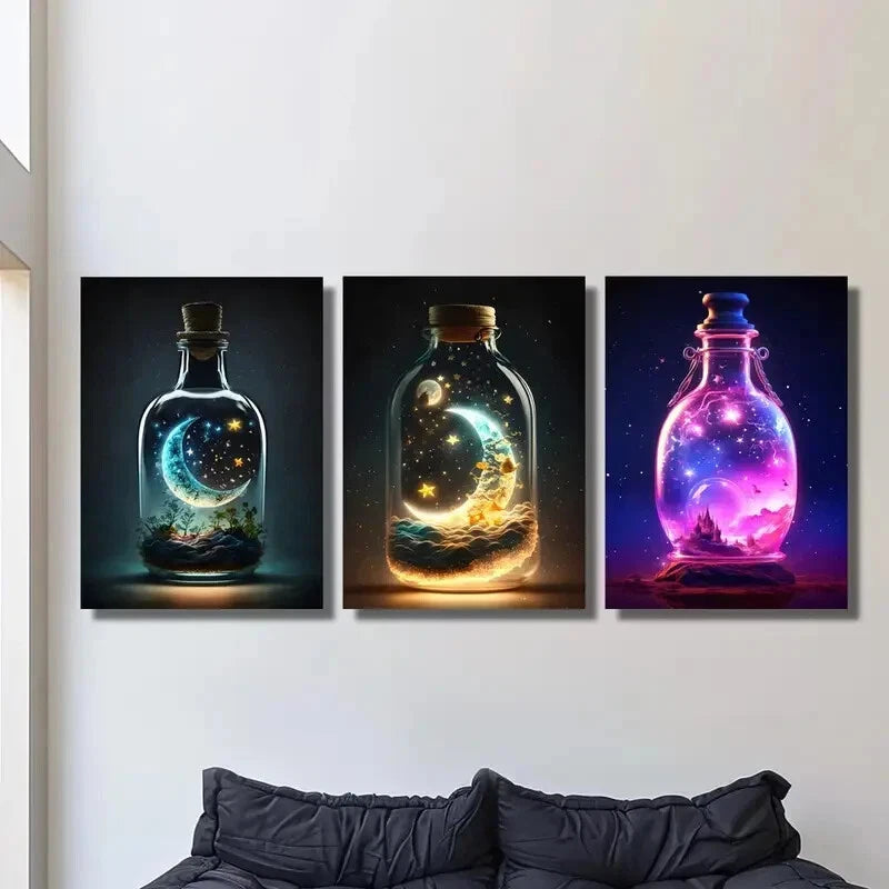 3-Piece Fantasy Ink Painting Metal Print Wall Art - Ready to Hang - Perfect for Living Room, Bedroom & Office Decor