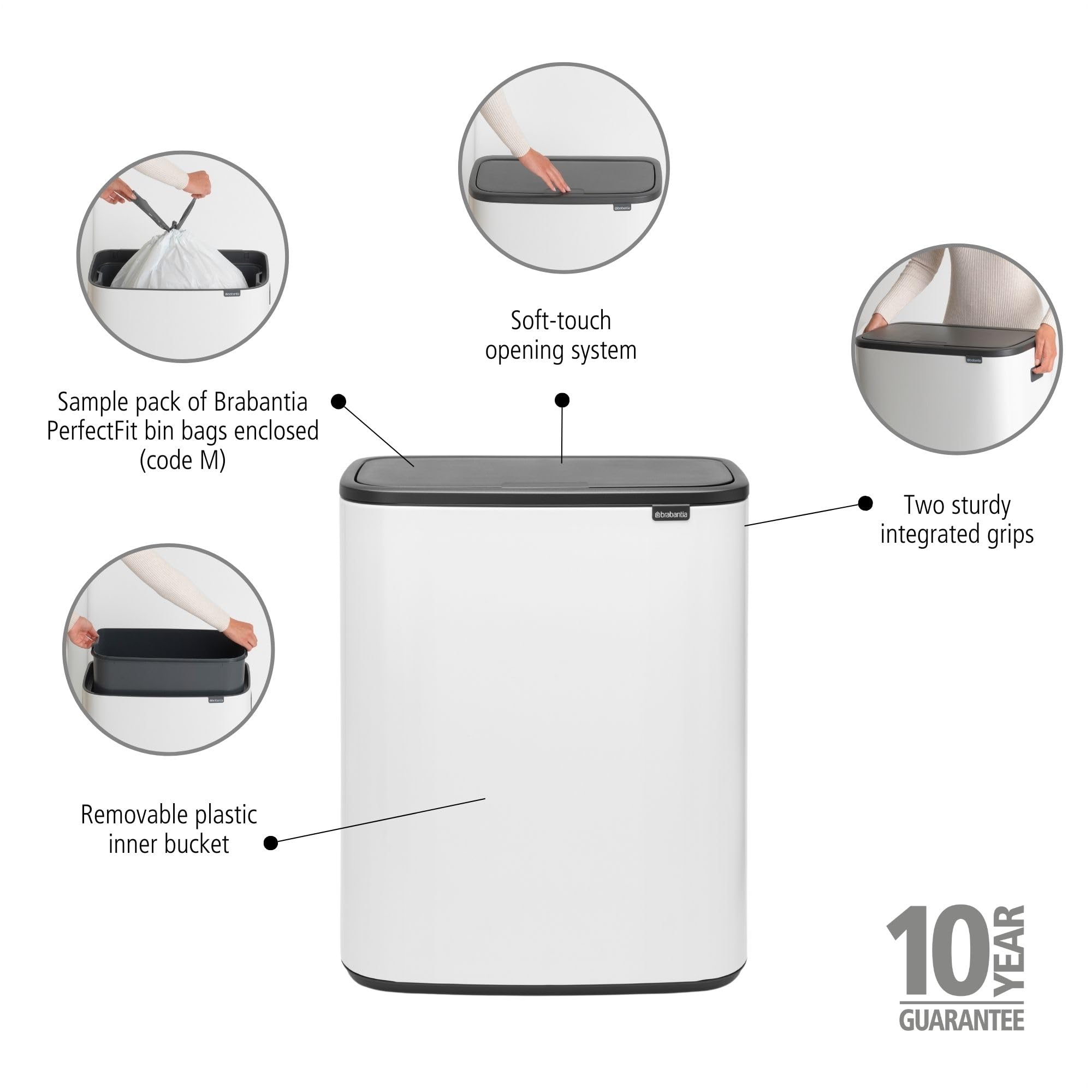 Brabantia Bo Touch Top 16 Gallon Trash Can - Soft Open/Close Kitchen Garbage Bin with Removable Recycling Compartment, White | Perfect for Modern Kitchens & Eco-Friendly Waste Sorting