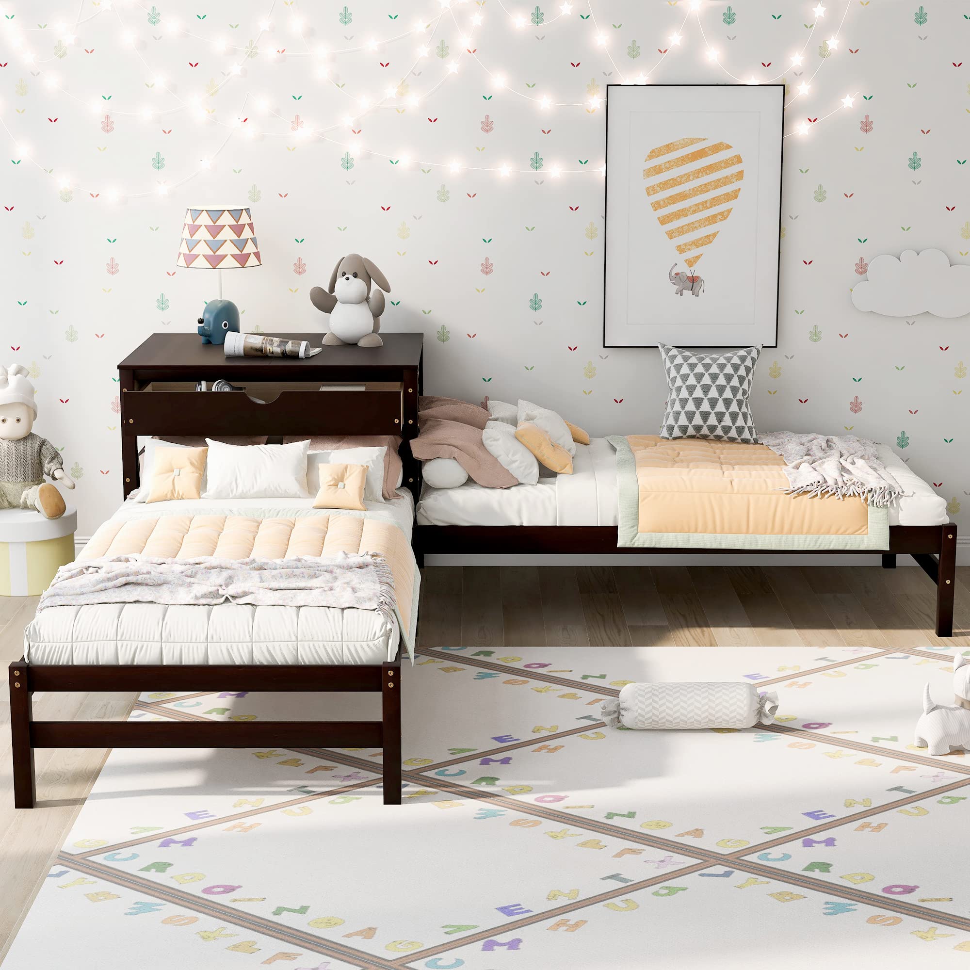 P PURLOVE L-Shaped Twin Platform Bed Corner Bed for Kids & Teens - 2 Wood Bed Frame with Built-in Rectangle Table & Drawer for Living Room & Bedroom - Espresso Finish - Perfect for Small Spaces, Dorm Rooms & Shared Kids' Bedrooms