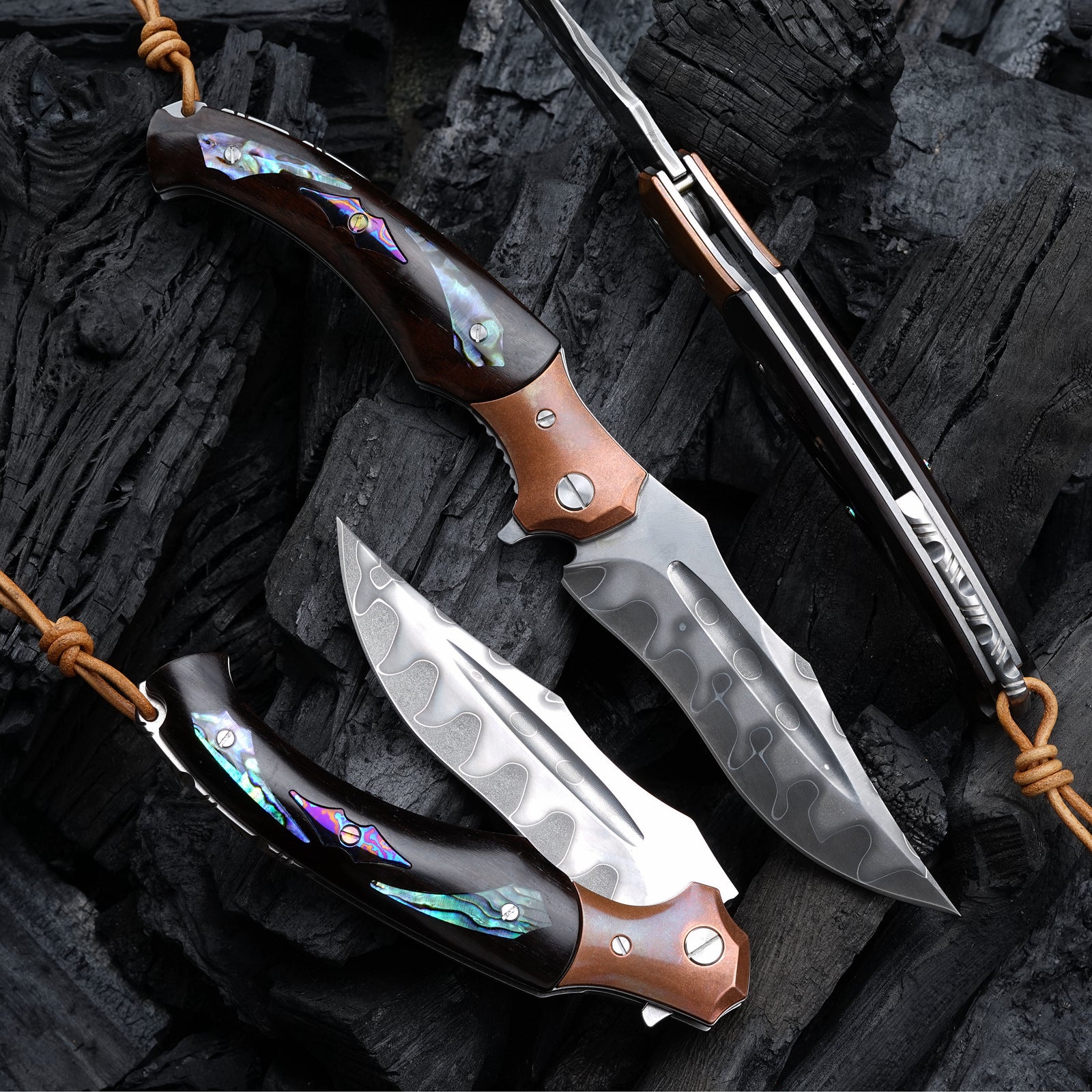 Premium Damascus Steel Pocket Knife with Ebony Wood, Timascus & Abalone Shell Handle - Perfect for EDC, Camping, Hunting & Outdoor Adventures