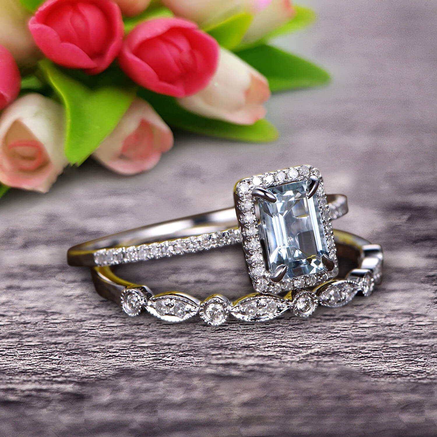 1.75 Carat Classic Emerald Cut 10k White Gold Aquamarine and Moissanite Wedding Ring Set - Art Deco Milgrain Design for Bridal, Engagement, Anniversary and Special Occasions