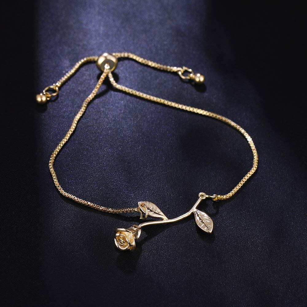 WLL Elegant 3D Red Rose Flower Charm Bracelet for Women | Beauty and The Beast Inspired Jewelry | Perfect Bridesmaid Gift & BFF Present | Romantic Date Night & Wedding Accessory