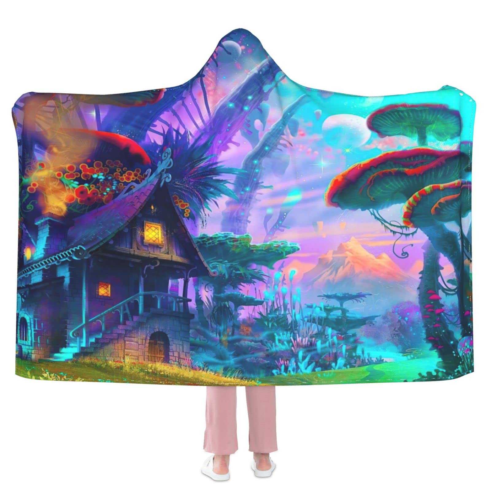 Psychedelic Mushroom Hooded Blanket - Super Soft Wearable Hoodie Cloak & Cozy Shawl for Adults | Perfect for Camping, Netflix Nights & Festival Wear