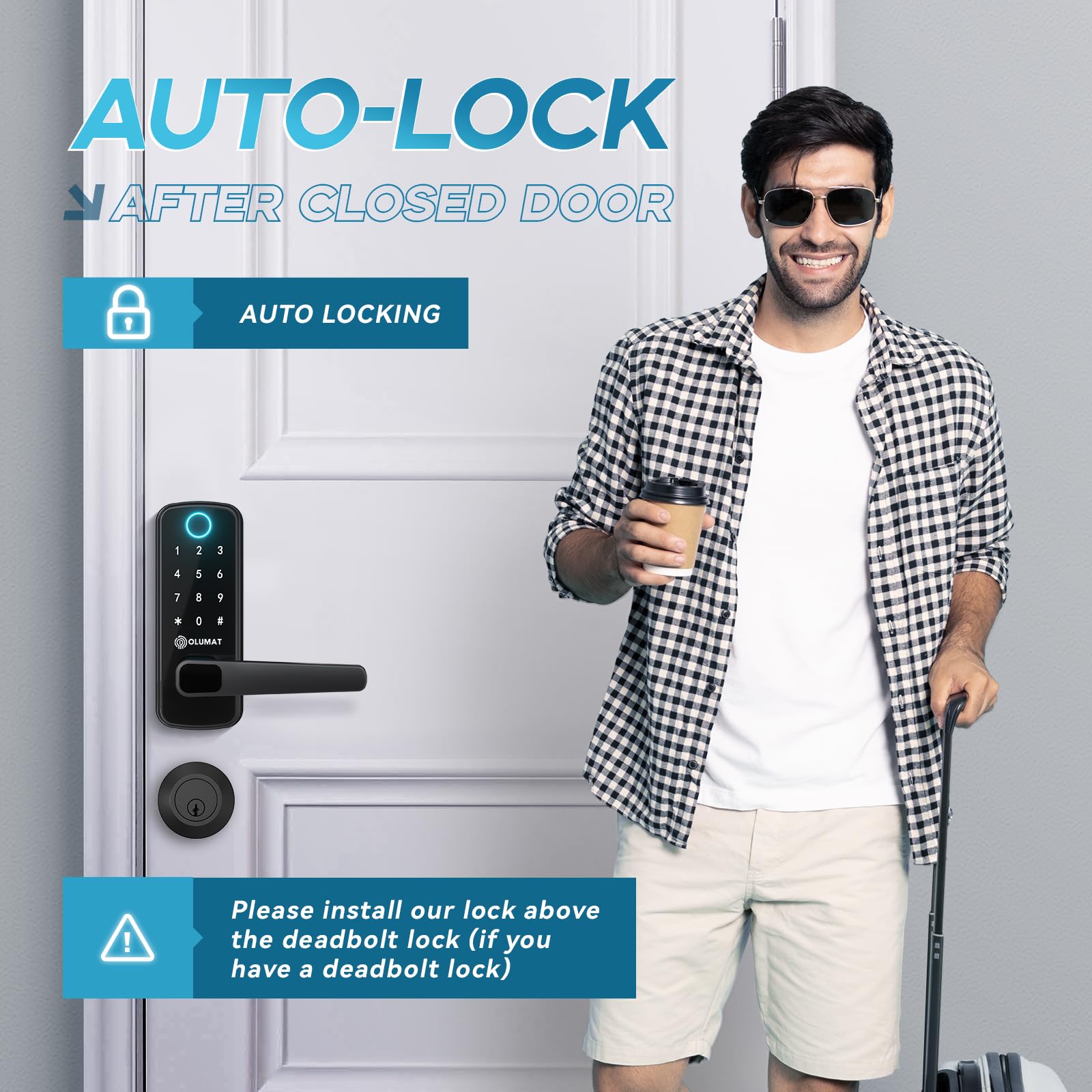 Smart Keyless Entry Door Lock - OLUMAT Fingerprint & Keypad Digital Deadbolt with Handle for Home, Apartment, Garage, Office & Hotel | Secure & Convenient Smart Lock for Front Door, Rental Properties & Commercial Use