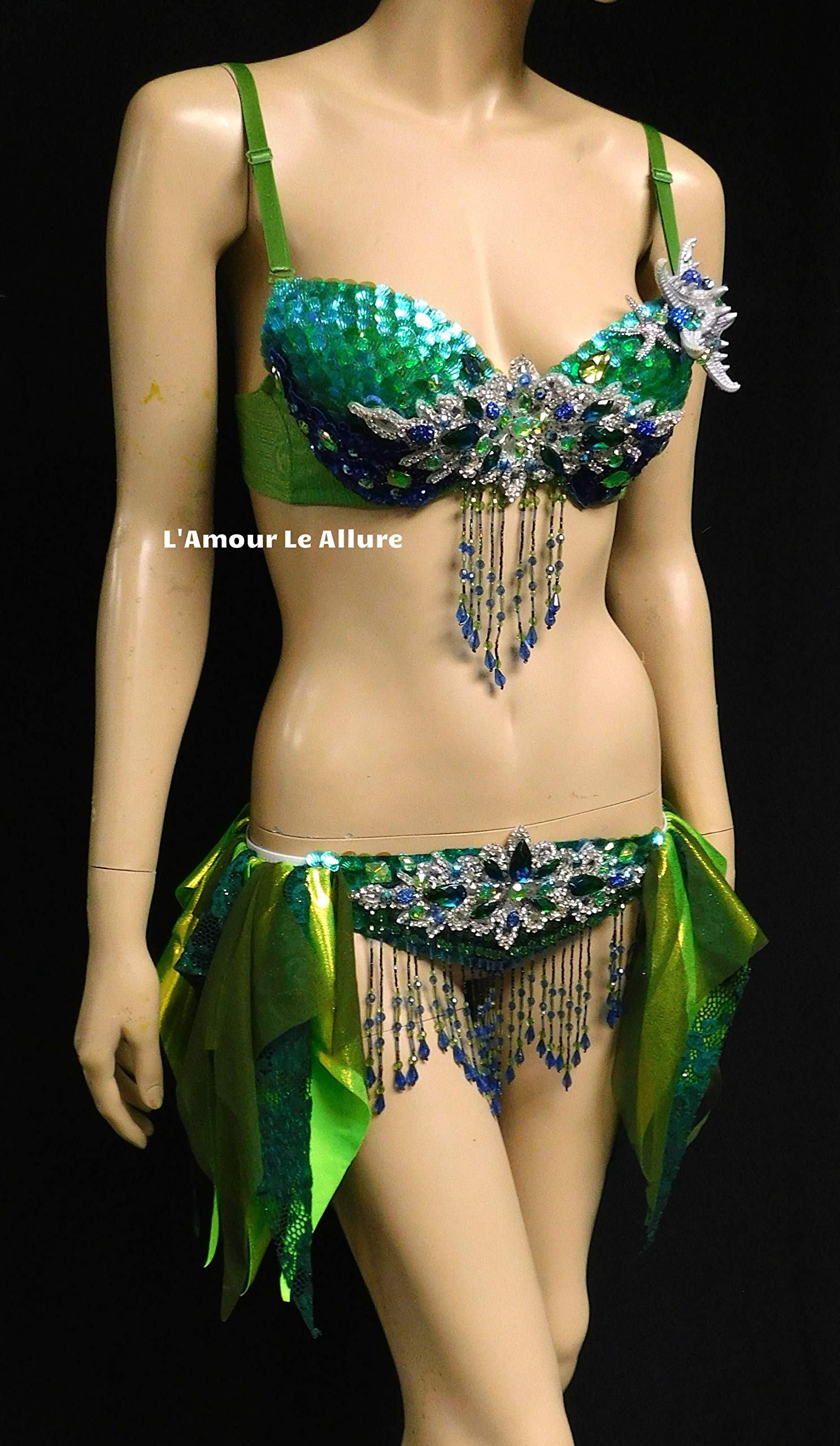 Sparkling Mermaid Bra & Skirt Set - Green, Blue & Silver Sequin Scales for Costume Parties, Halloween & Cosplay