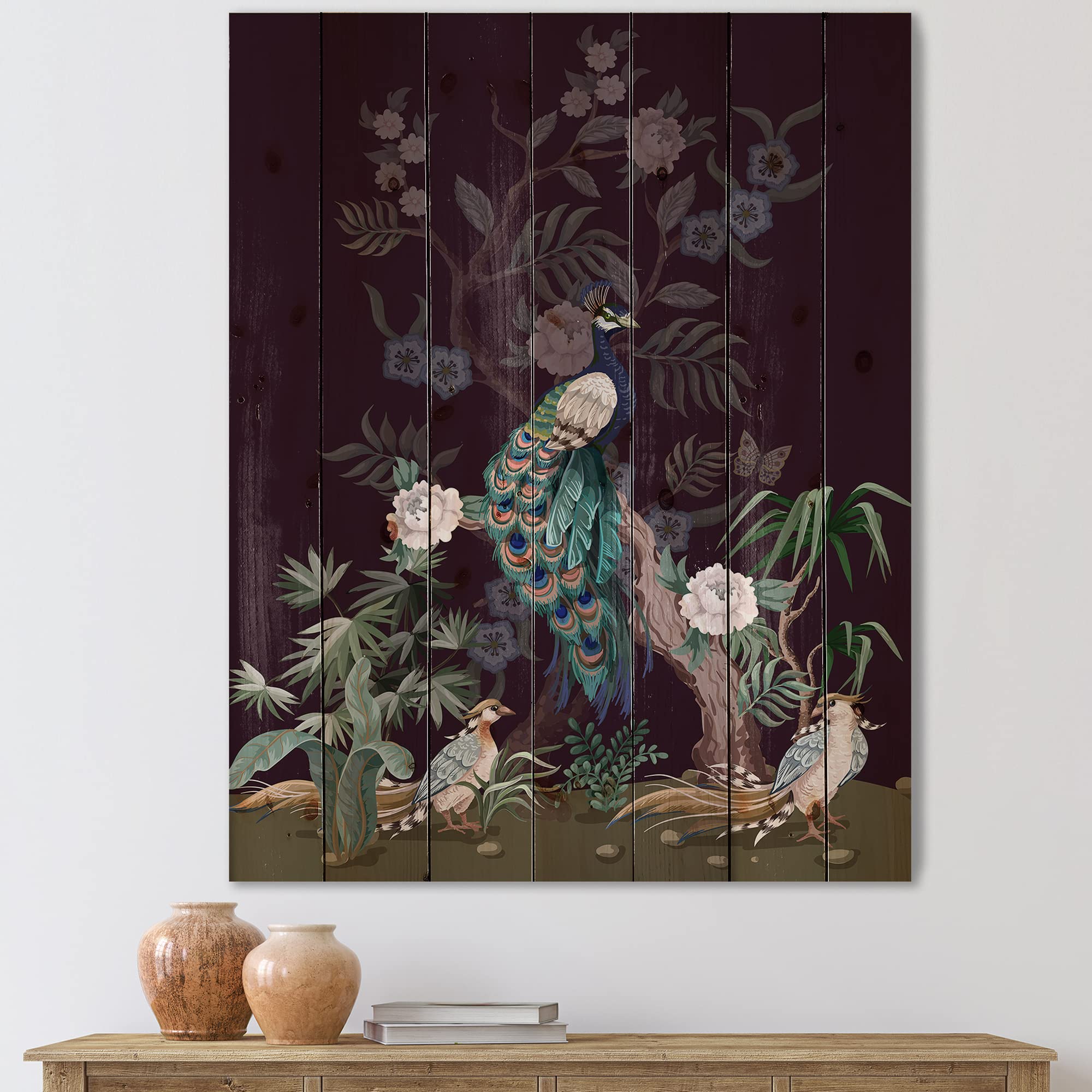 DesignQ Chinoiserie Wall Art - Traditional Black Wood Panel with Birds & Peonies Print on Natural Pine - Large Animal Wall Decor for Living Room, Bedroom & Office