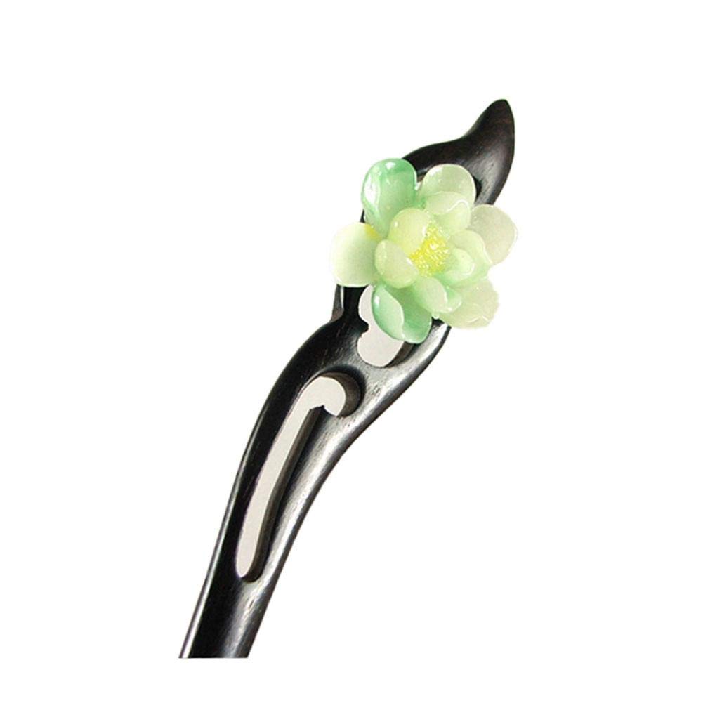 Handmade Wooden Hair Stick - Chinese Ancient Style Carved Hair Pin with Ebony & Jade Flower for Women | Perfect for Bun Updos, Weddings & Traditional Hairstyles